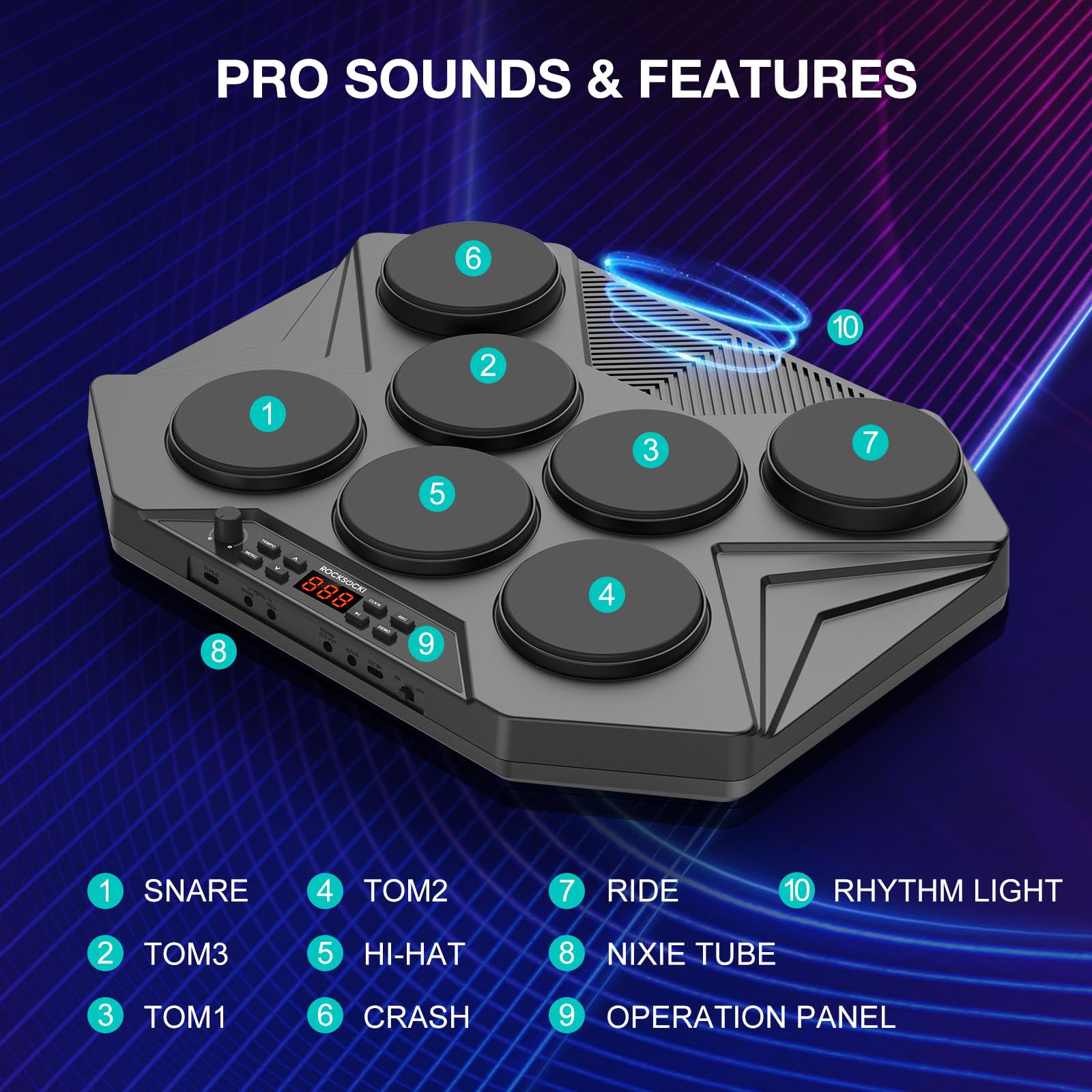 Electronic Tabletop Drum Set - Portable Digital Drum Kit with 7 Velocity-Sensitive Pads, LED Music Level Light, USB-MIDI for Mac & PC - Perfect for Home Practice, Studio Recording & Beginner Musicians