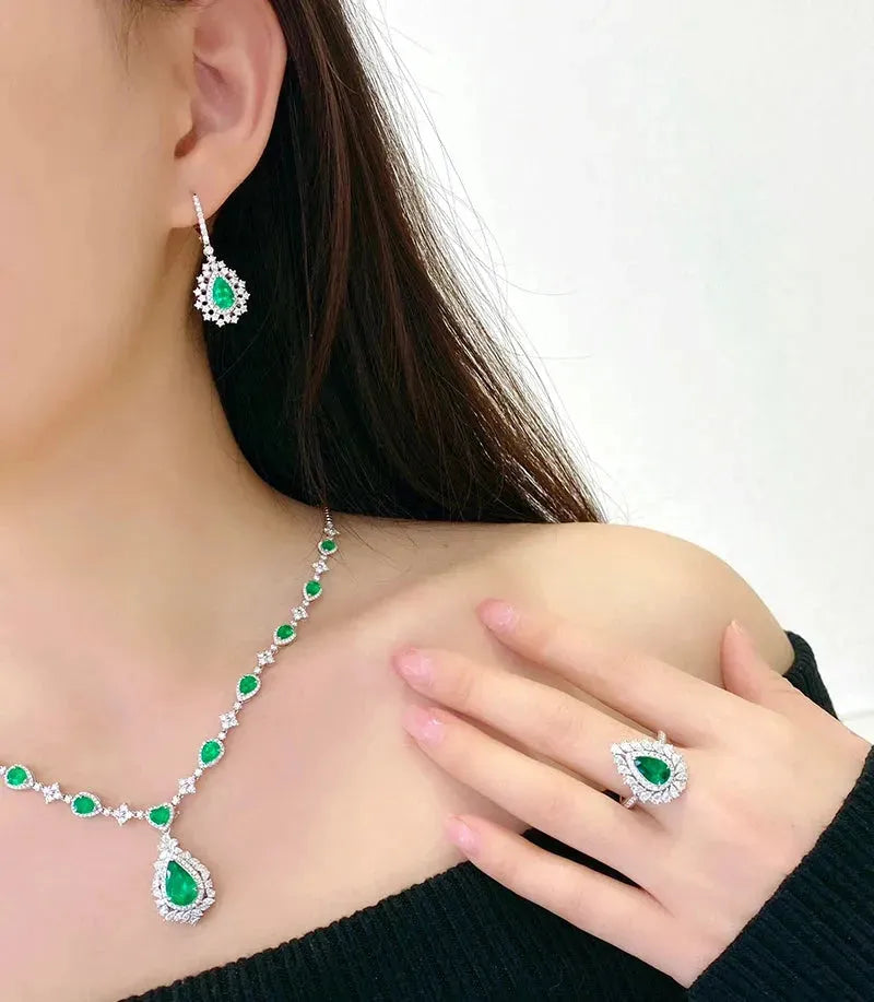 18K White Gold Emerald and Diamond Earrings for Women - Luxury Romantic Style Natural Gemstone Jewelry - Perfect for Senior Banquets, Weddings & Special Occasions