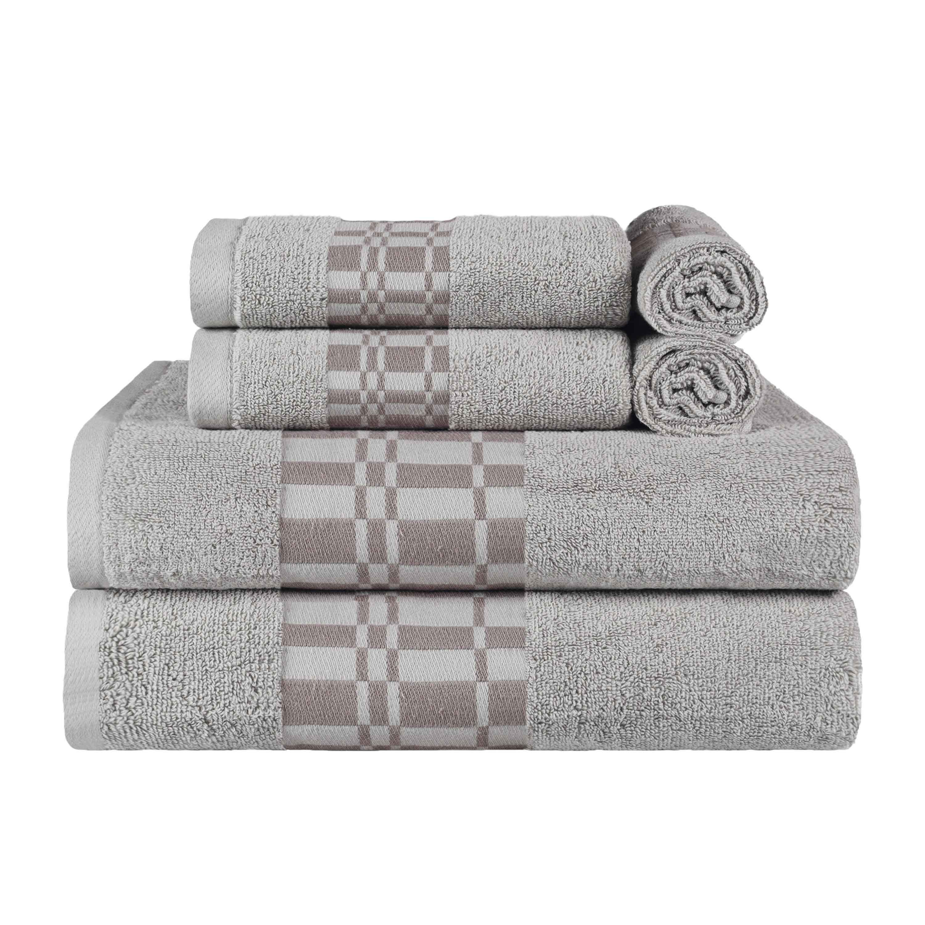 Larissa Cotton Geometric Embroidered Border 6-Piece Bath Towel Set | Soft & Absorbent Luxury Towels for Bathroom, Spa & Guest Use