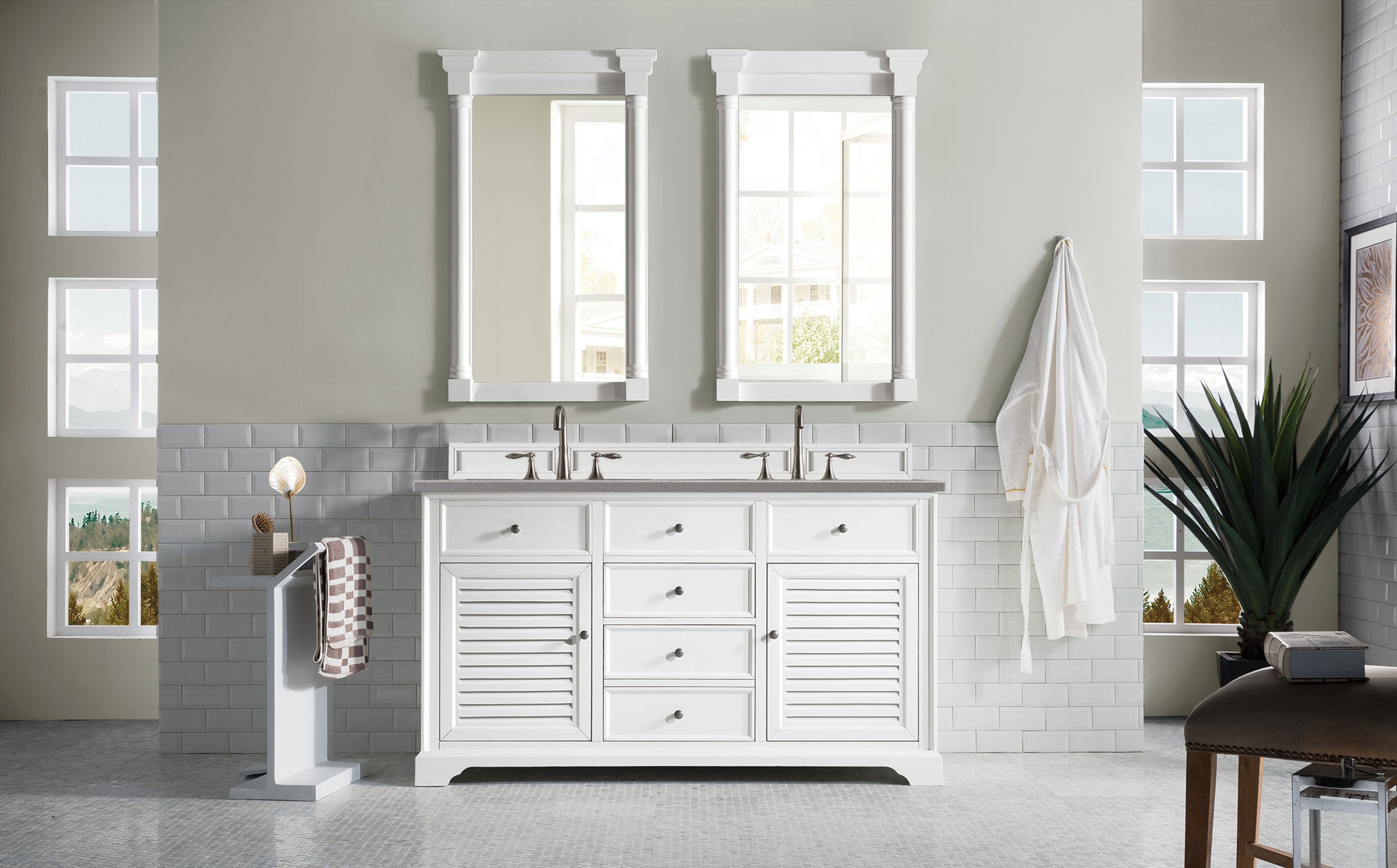 Savannah 60-Inch Double Vanity Cabinet with 3CM Grey Expo Quartz Top - Bright White Bathroom Vanity for Modern Master Bath & Guest Bathroom