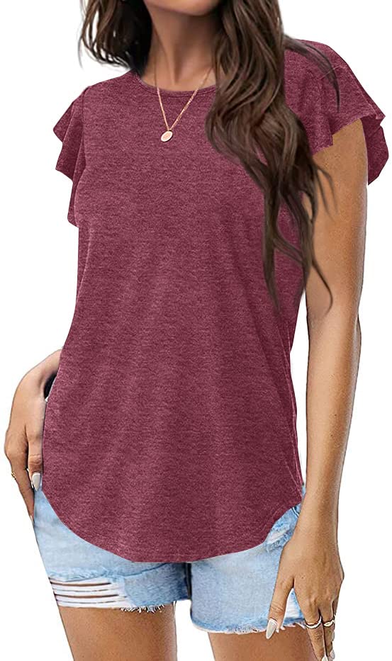 Women's Ruffle Short Sleeve Tunic Top - Round Neck Loose Fit Cute Basic Tee Shirt for Casual Wear, Summer Outfits & Everyday Fashion