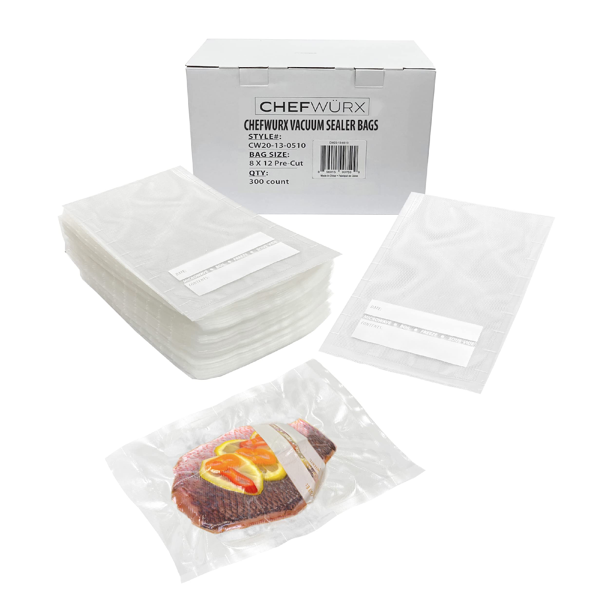 Chefwurx Pre-Cut Vacuum Sealer Bags - 300 BPA-Free Food Storage Bags (8