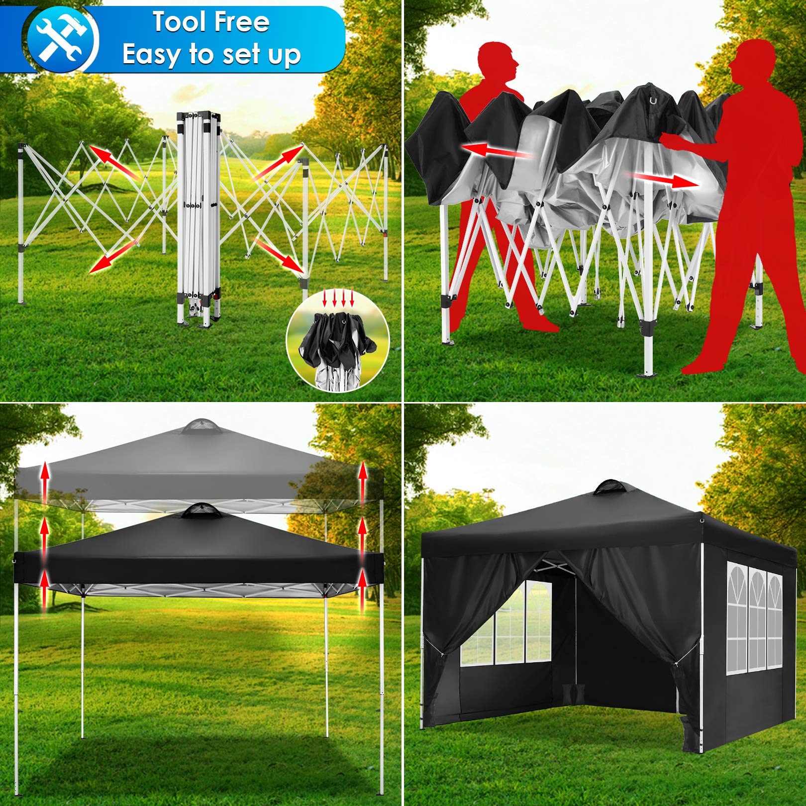 COBIZI 10x10 Pop Up Canopy Tent - Waterproof Instant Gazebo with 4 Sidewalls for Outdoor Events | Perfect for Parties, Patio, Backyard & Commercial Use | Includes 4 Sandbags, 8 Ropes & 4 Stakes (Black)