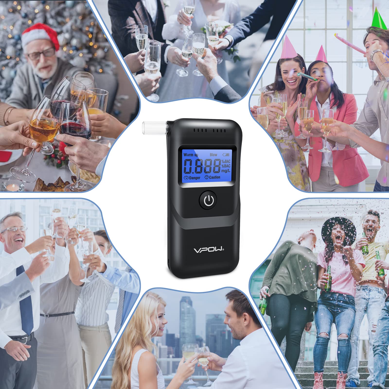 VPOW Digital Alcohol Breathalyzer Tester with Blue LCD Display - High Accuracy Personal & Professional Breath Alcohol Test Device for Home, Workplace, and Law Enforcement Use - Black