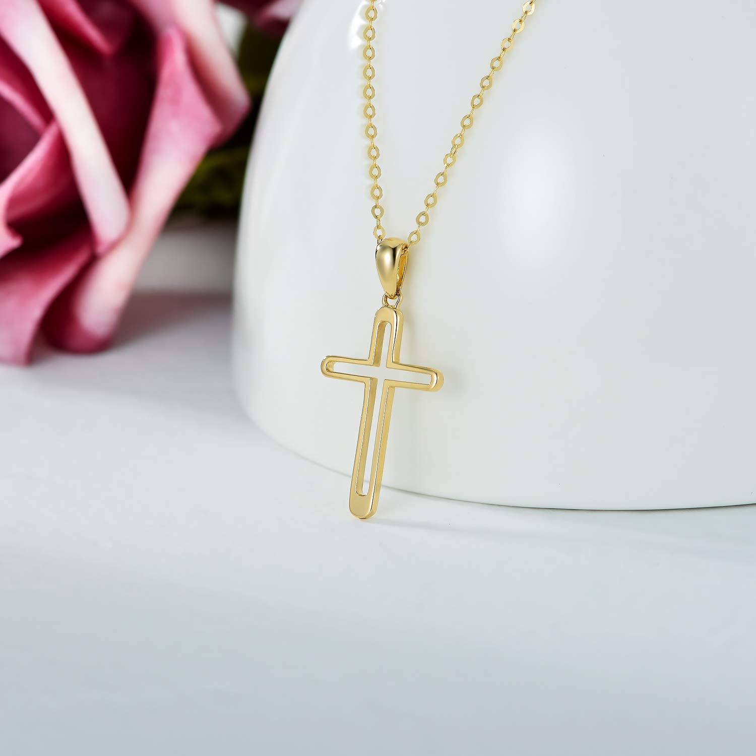14K Solid Gold Cross Necklace for Women - Real Gold Faith Cross Pendant Religious Jewelry Gift for Her, Wife, Mom - 16
