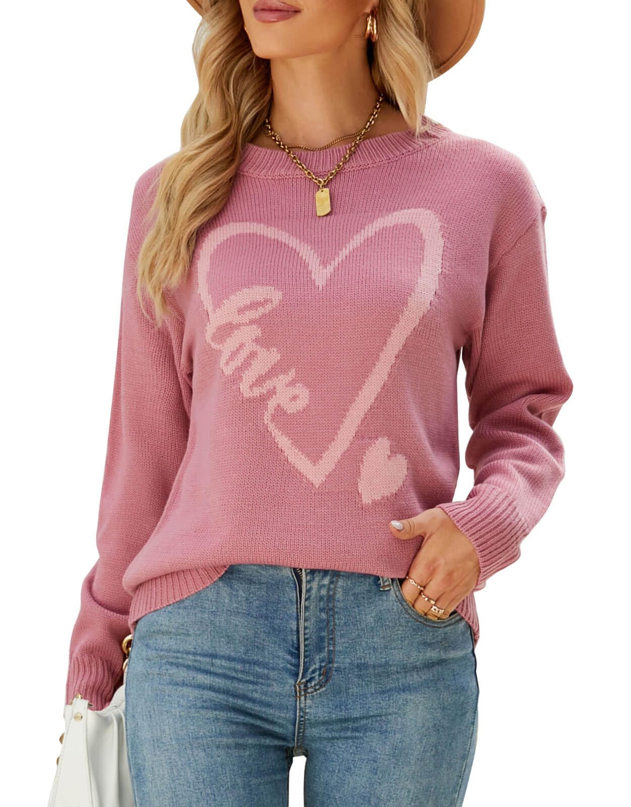 Alsol Lamesa Women's Cute Heart Print Sweater - Long Sleeve Ribbed Knit Crewneck Pullover - Soft Casual Winter Sweater for Women - Perfect for Date Night, Office Wear & Holiday Outfits