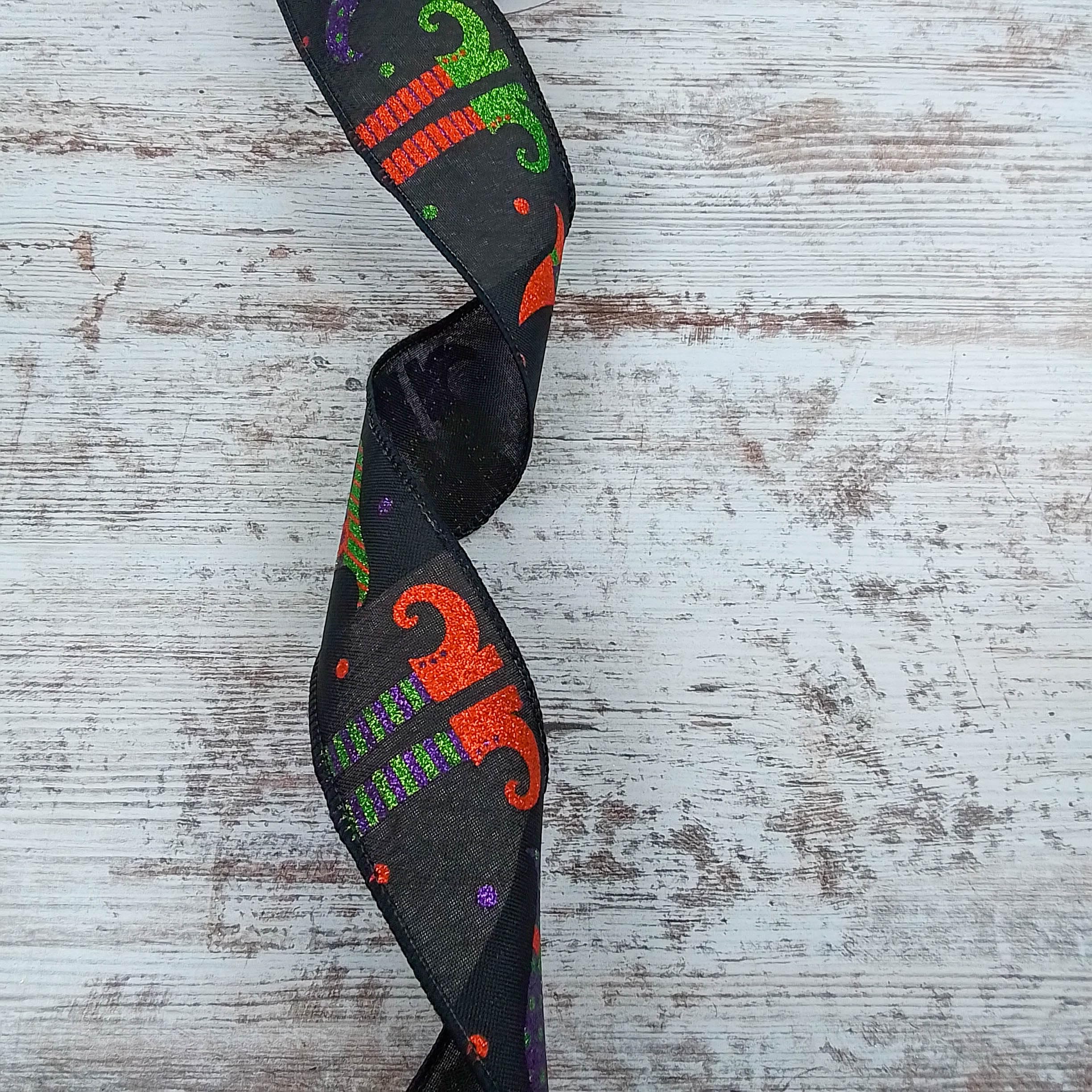 Glitter Witch Legs & Hats Wired Edge Ribbon - 2.5 Inches x 10 Yards Black Halloween Decoration for Costumes, DIY Crafts, Party Decor, and Gift Wrapping