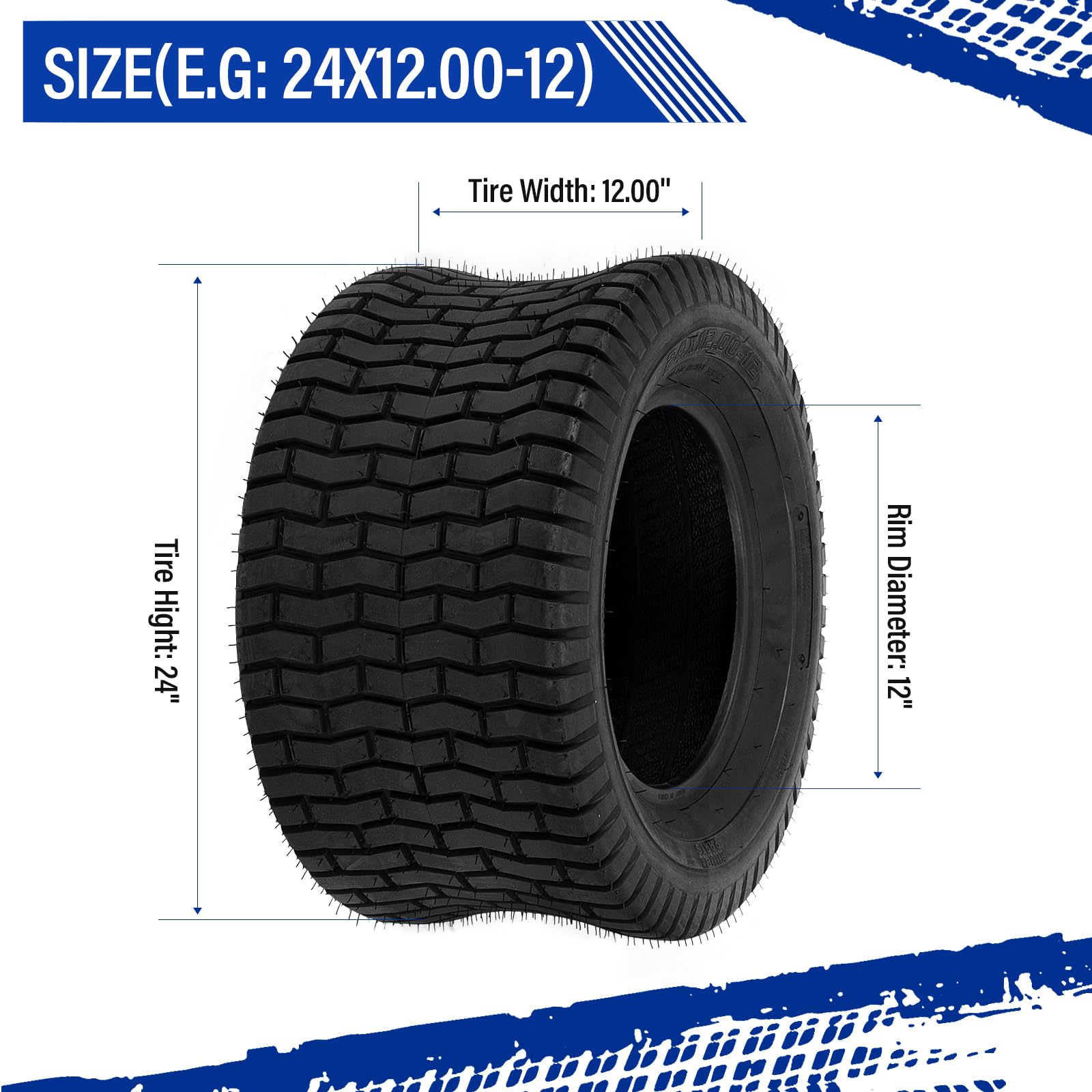 24x12.00-12 6-Ply Tubeless Lawn Mower Tractor & Golf Cart Tires - Heavy Duty Garden Turf Tires (Set of 2) - Perfect for Lawn Care, Golf Courses & Agricultural Use
