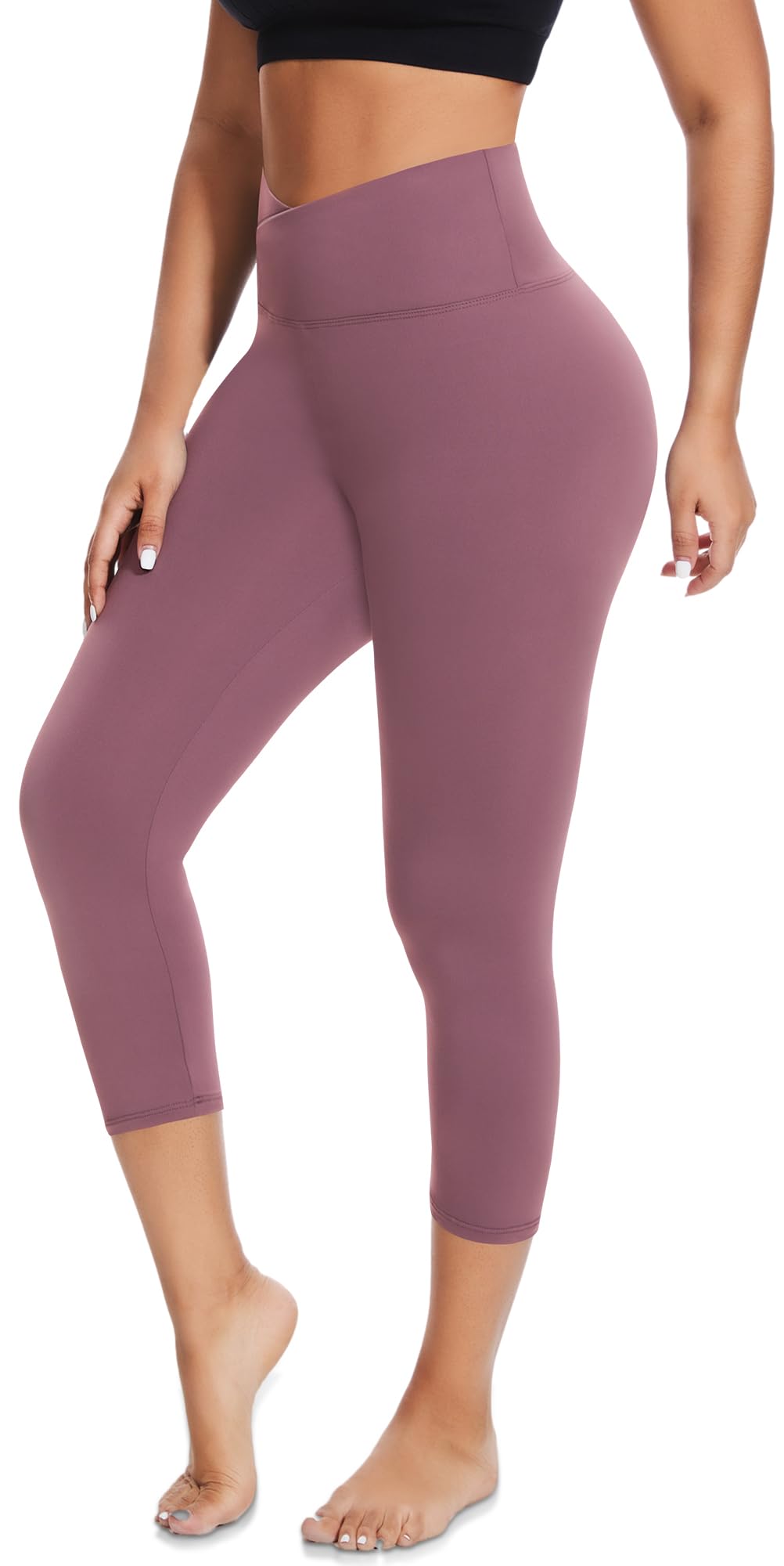 Morefeel Women's V Cross Waist Capri Leggings - Tummy Control Butt Lift Yoga Pants for Summer Workouts, Gym & Sports | Soft High-Waisted Tights for Running, Pilates & Lounge Wear