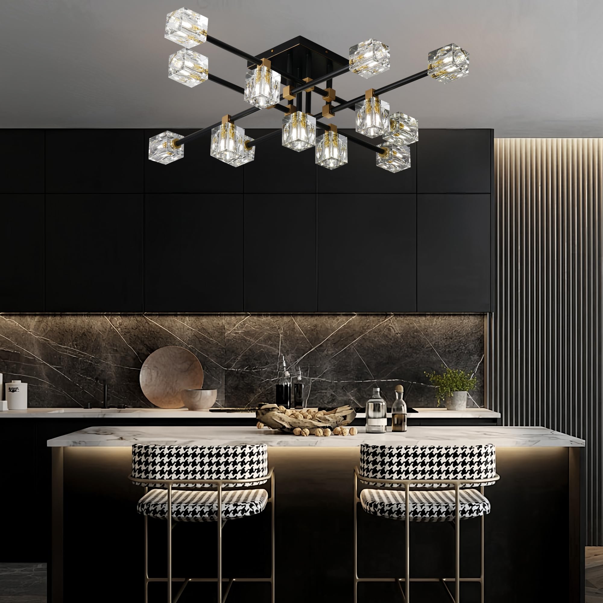13-Light Modern Crystal Sputnik Chandelier - Black & Gold Ceiling Light Fixture for Dining Room, Entryway, Bedroom - Elegant Lighting for Home Decor, Wedding Venues, and Luxury Spaces