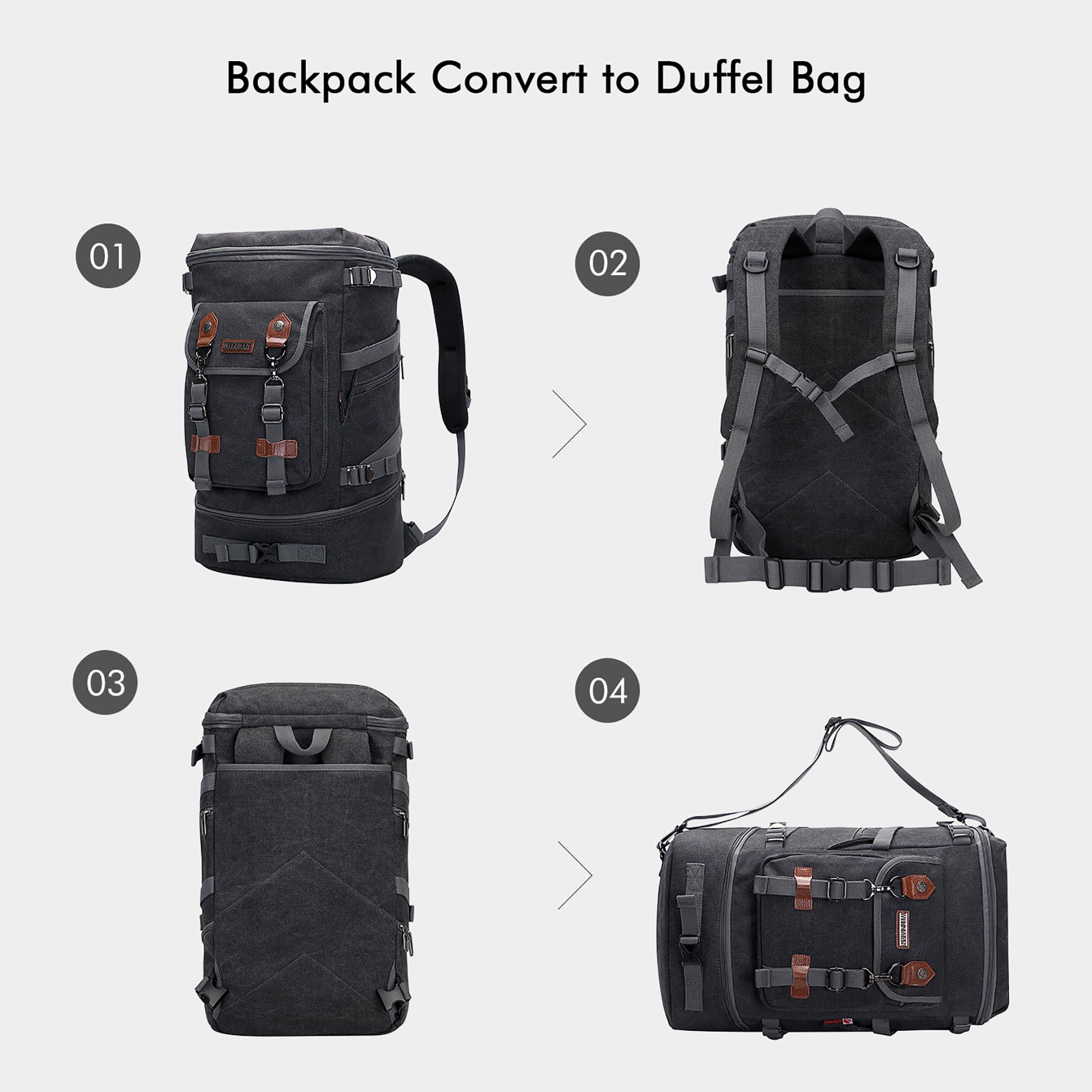 WITZMAN Durable Canvas Travel Backpack for Men & Women - Convertible Carry On Luggage & Duffel Bag - Perfect for Airplane, Hiking, Business Trips & College