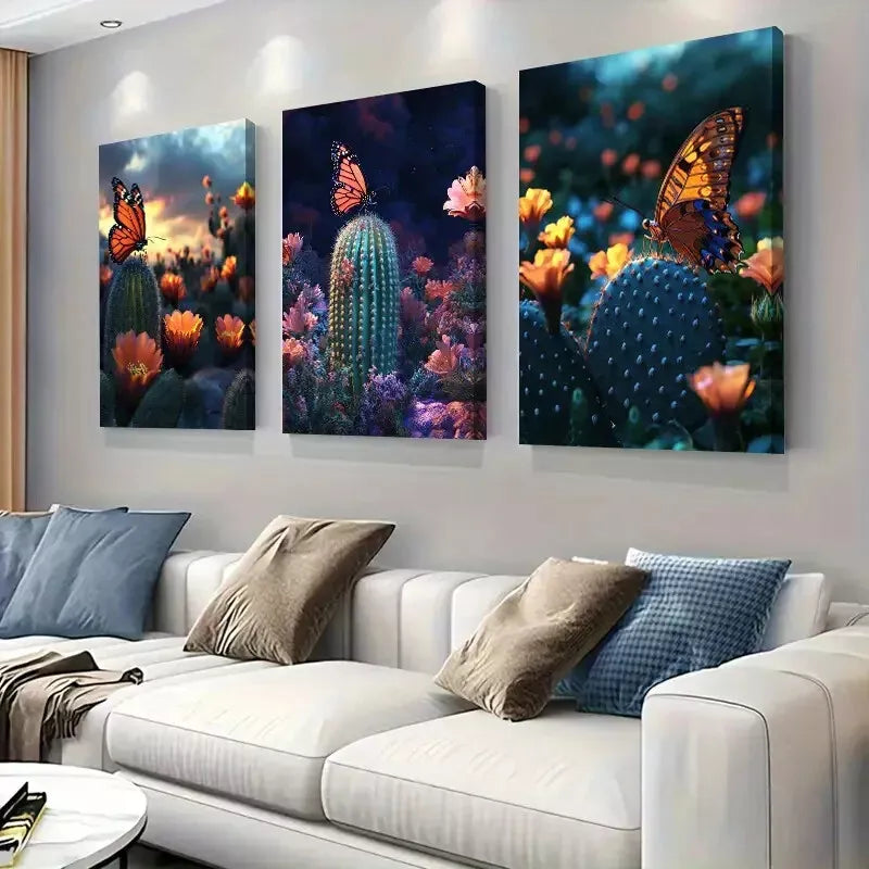 3-Piece Romantic Desert Sea of Cactus Flowers Art Set - 50x70cm Framed Canvas Wall Decor | High Quality Print | 100% Australian Made | Ready to Hang | Perfect for Living Room, Bedroom & Office Decor