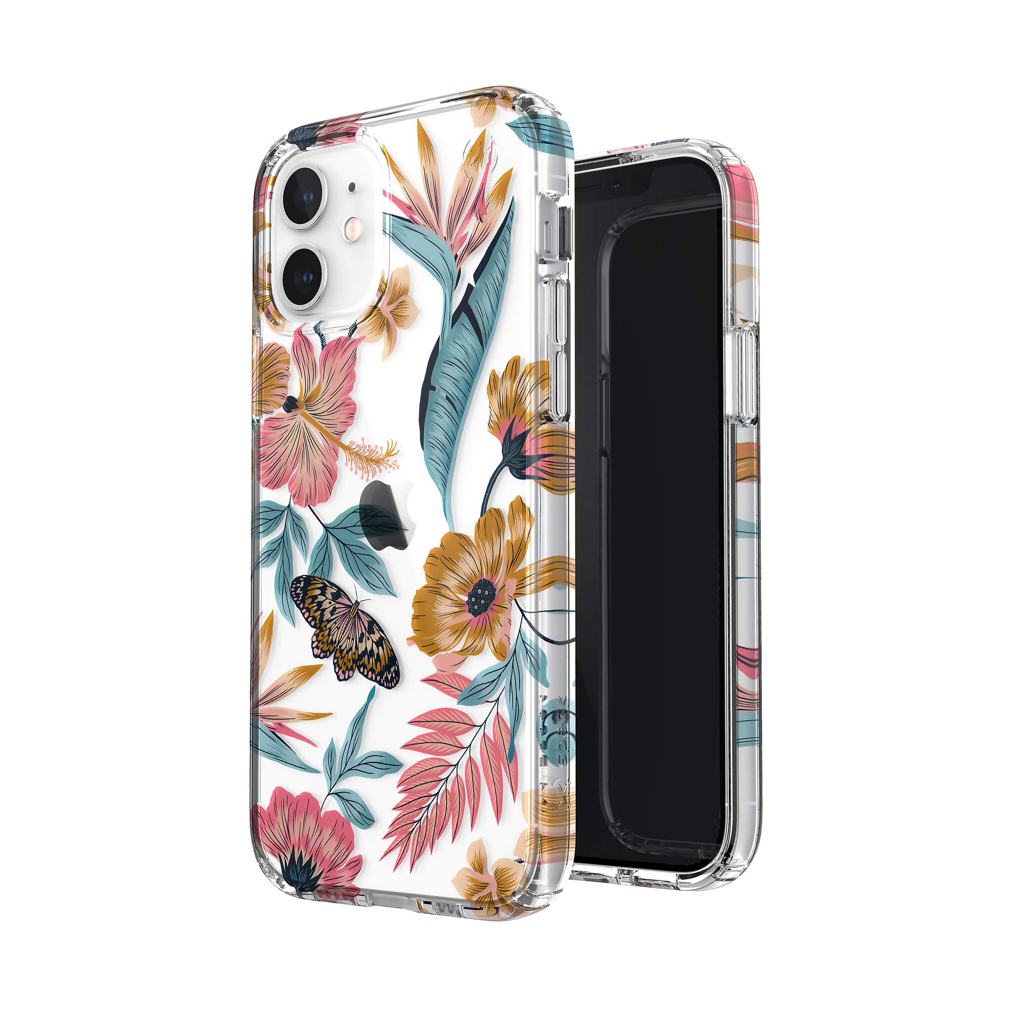 Speck Presidio Case for iPhone 12 & iPhone 12 Pro - Clear Transparent with Tropical Floral Design | Slim Protective Cover for Everyday Use, Travel & Outdoor Activities