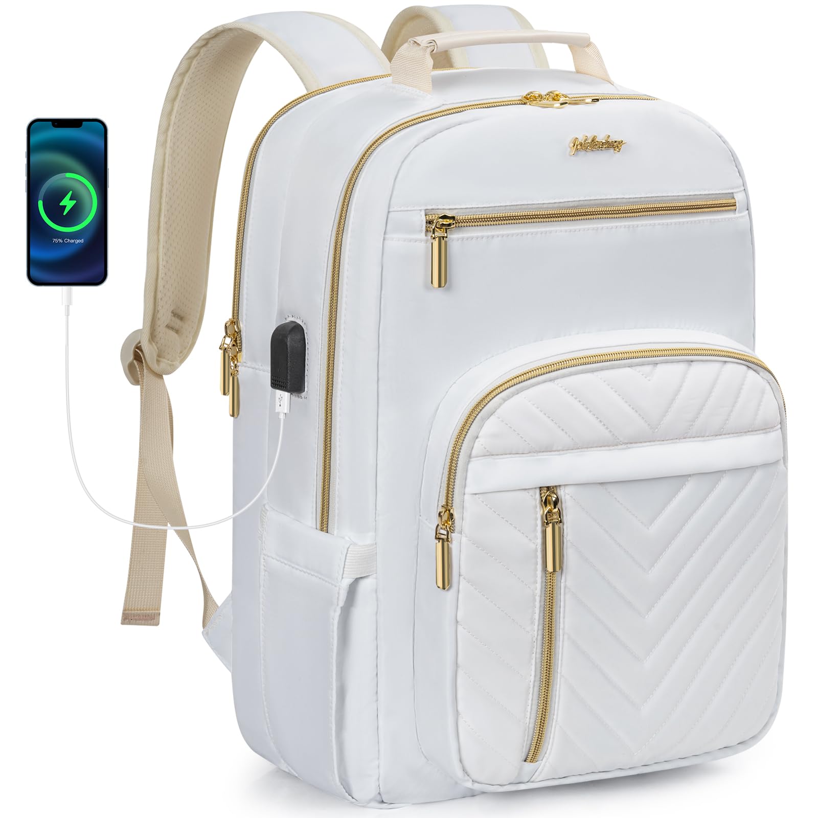 Stylish Quilted Laptop Backpack for Women - Waterproof USB Charging Computer Bag Fits 15.6 Inch Notebook - Perfect for Work, Travel & College (White) | Office Commute, Business Trips & Daily Use