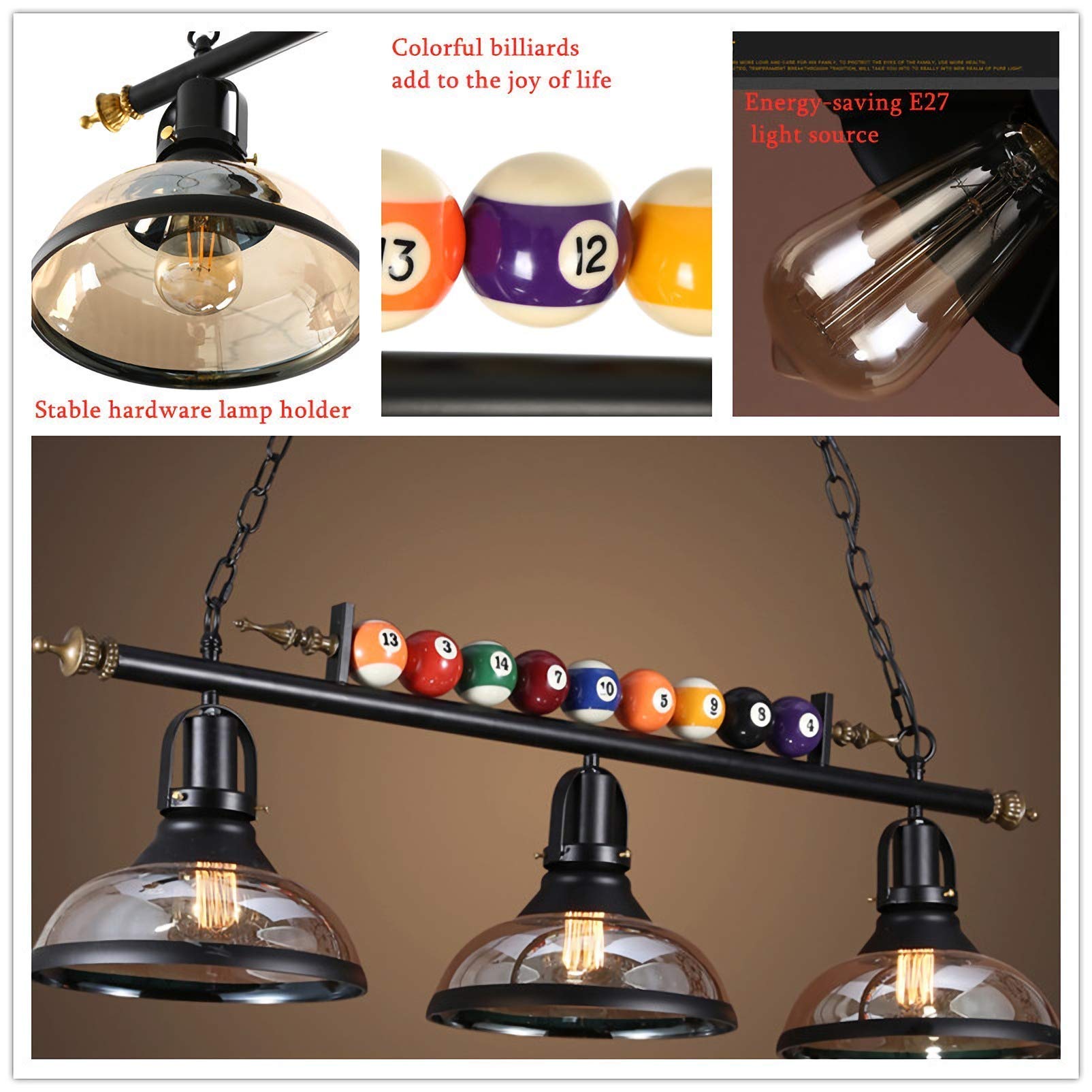 Pool Table Lights & Billiard Lighting - Farmhouse Chandelier with 3 Head Industrial Iron Fixture, Glass Lampshade for Kitchen, Bar & Game Room Decor | Perfect for Billiards, Pubs and Home Entertainment Spaces