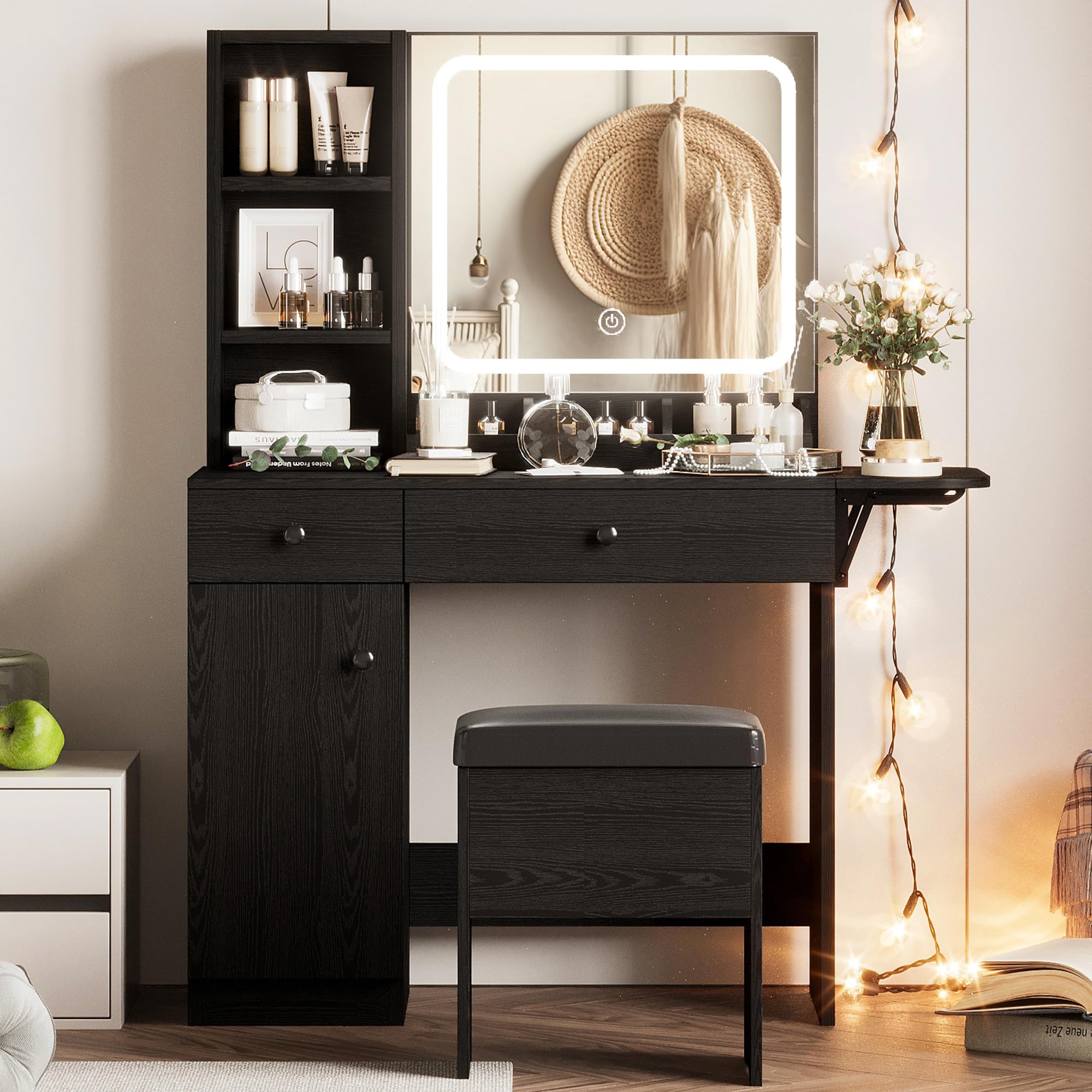 IRONCK Vanity Desk with LED Lighted Mirror, Power Outlet & Storage Stool - Makeup Dressing Table with Drawers & Cabinet for Bedroom, Black - Perfect for Beauty Routine & Home Decor