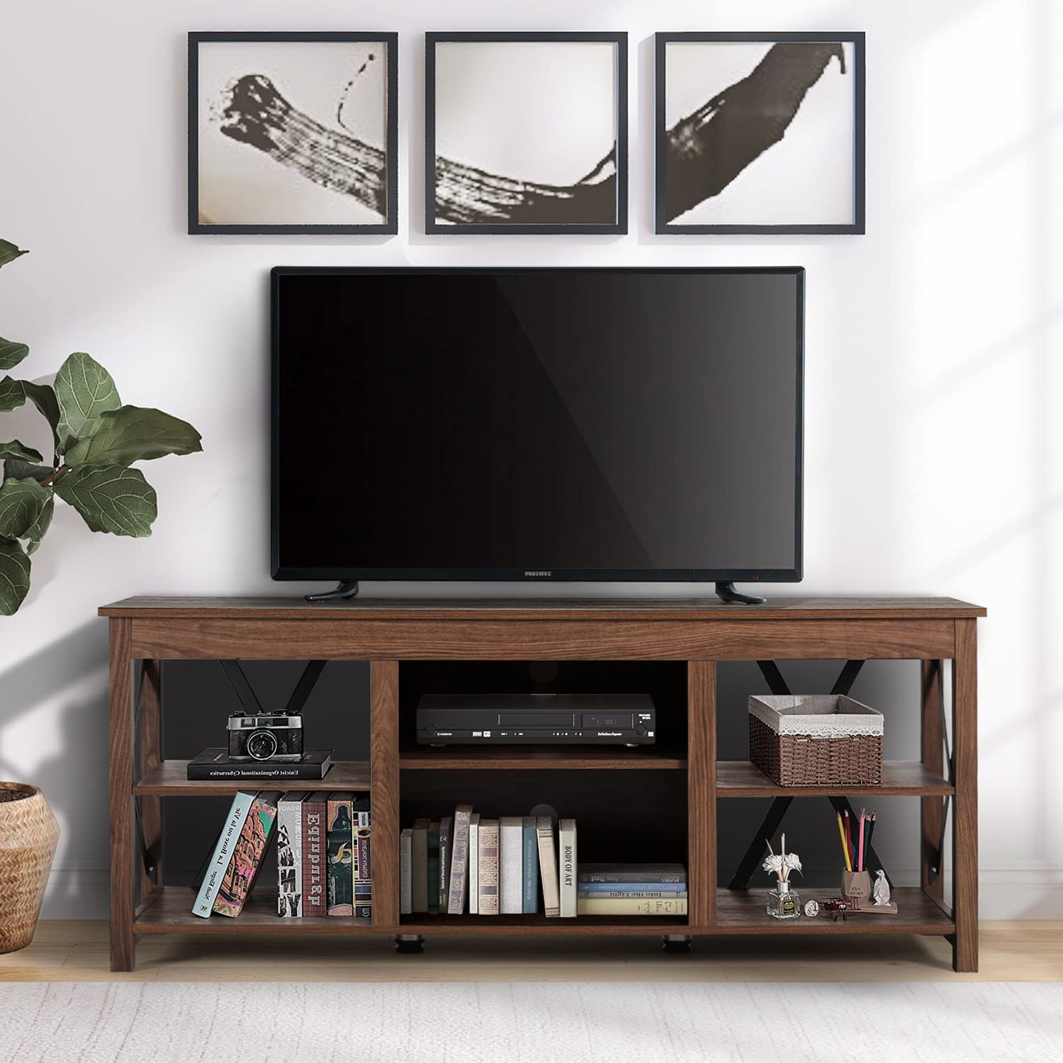 Rustic Farmhouse TV Stand for 65 Inch TVs - Solid Wood and Metal Entertainment Center with Storage Shelves for Living Room, Bedroom, or Home Theater - Universal TV Table Cabinet (Brown) - Perfect for Modern Farmhouse Decor and Media Storage Solutions