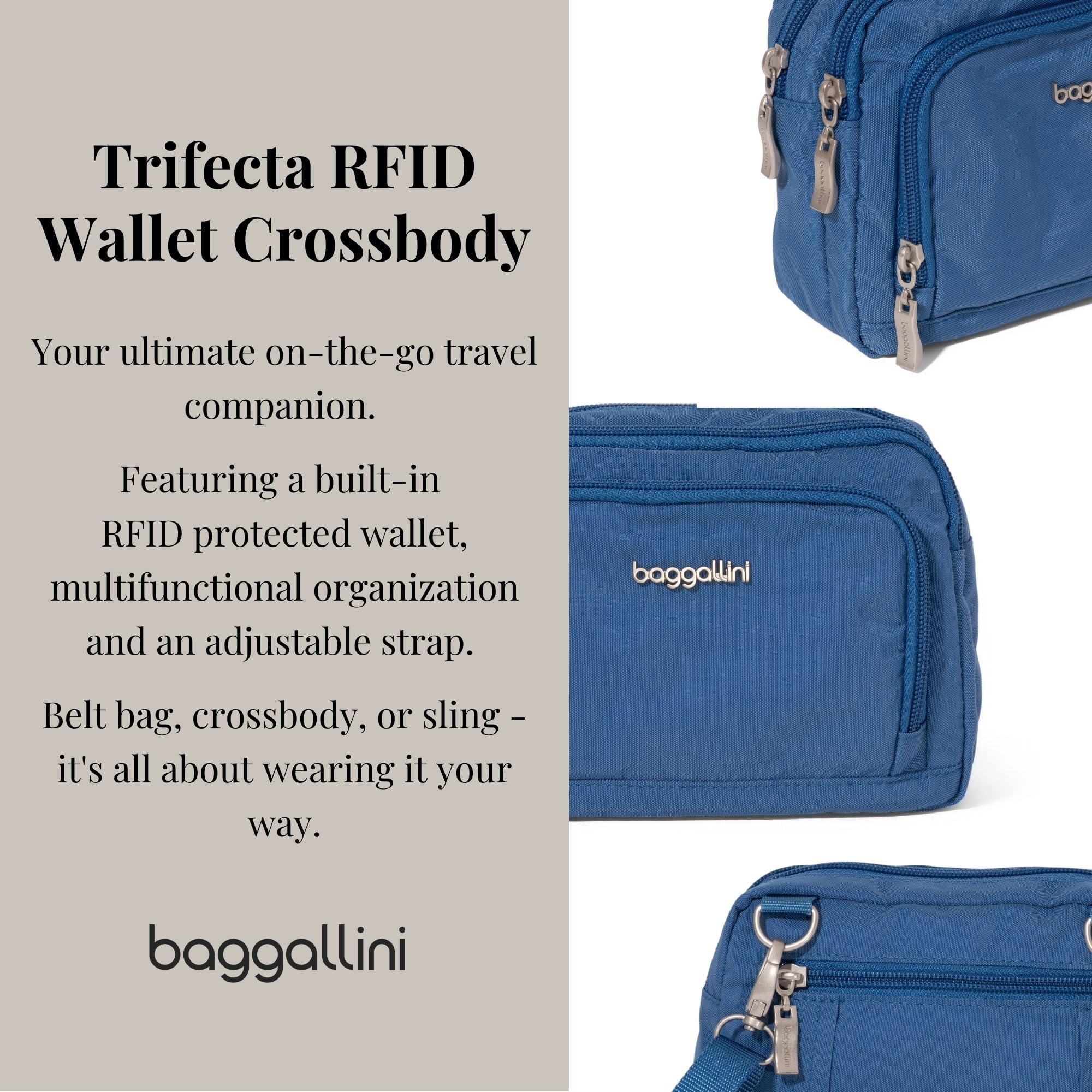 Baggallini RFID Blocking Triple Zip Crossbody Bag for Women - 8x6 Inch Convertible Fanny Pack, Waist Bag & Shoulder Purse - Water Resistant Travel Essentials for Shopping, Commuting & Outdoor Adventures