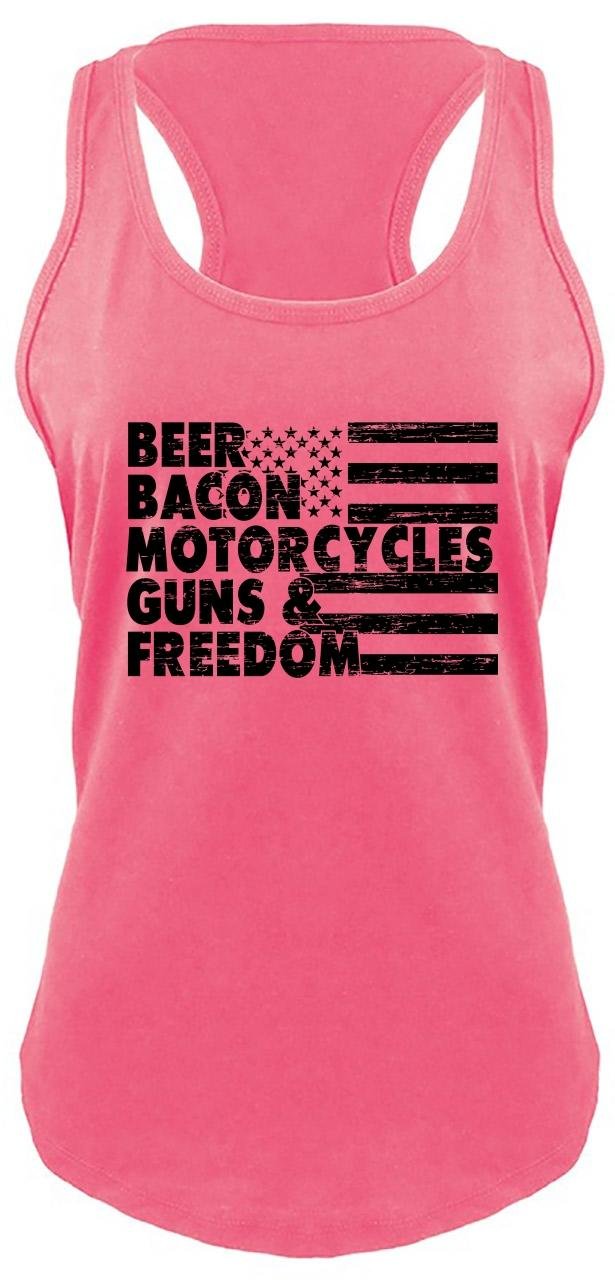 Funny Women's T-Shirt - Beer Bacon Motorcycles Guns & Freedom Graphic Tee - Racerback Tank Top for Casual Wear, Biker Events & Patriotic Celebrations