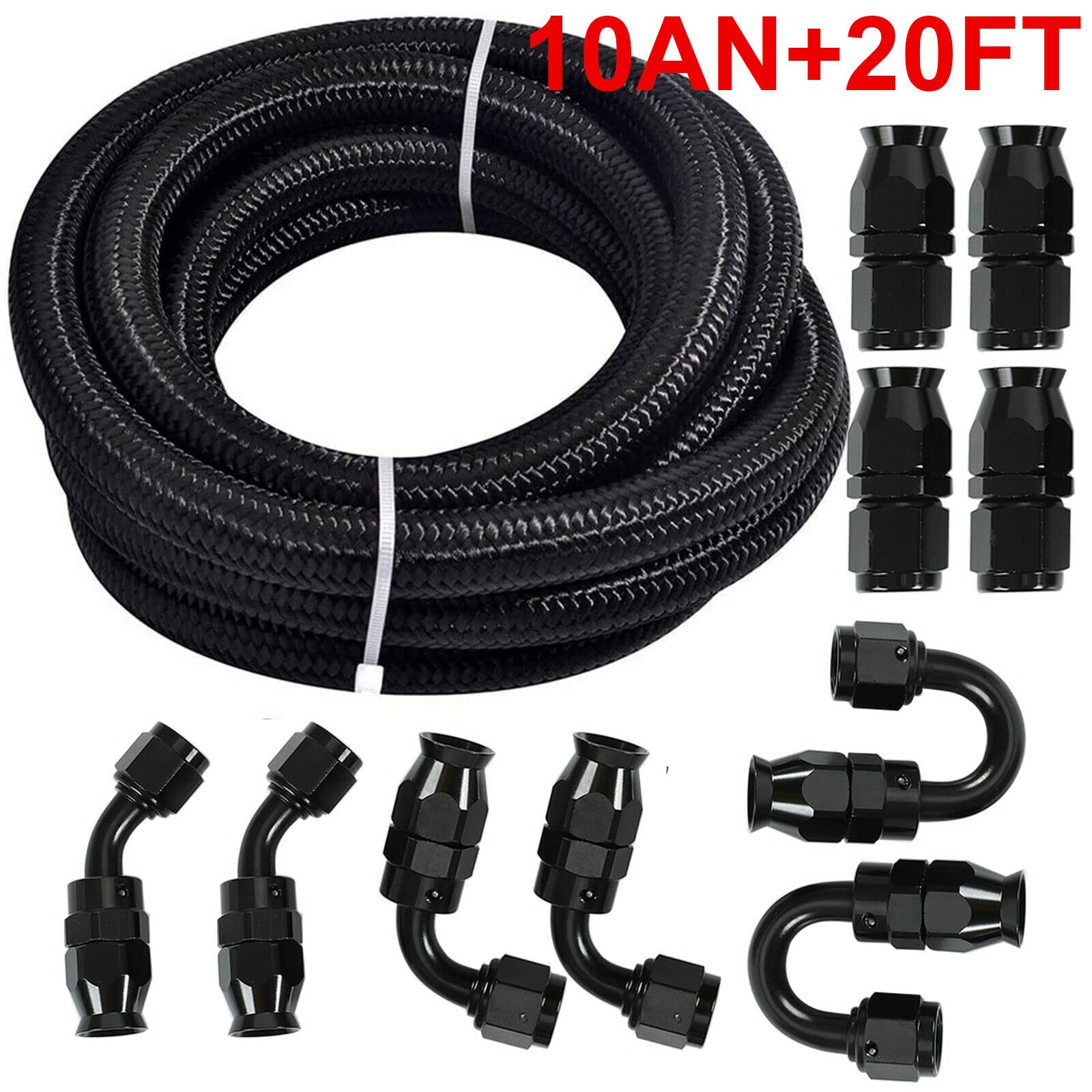 10AN 20FT PTFE Fuel Line Hose Kit - E85 Compatible Stainless Steel Nylon Braided Fuel Hose with 10PCS Swivel Fitting Adapters (Black) - Perfect for High Performance Cars, Racing Vehicles & Fuel System Upgrades