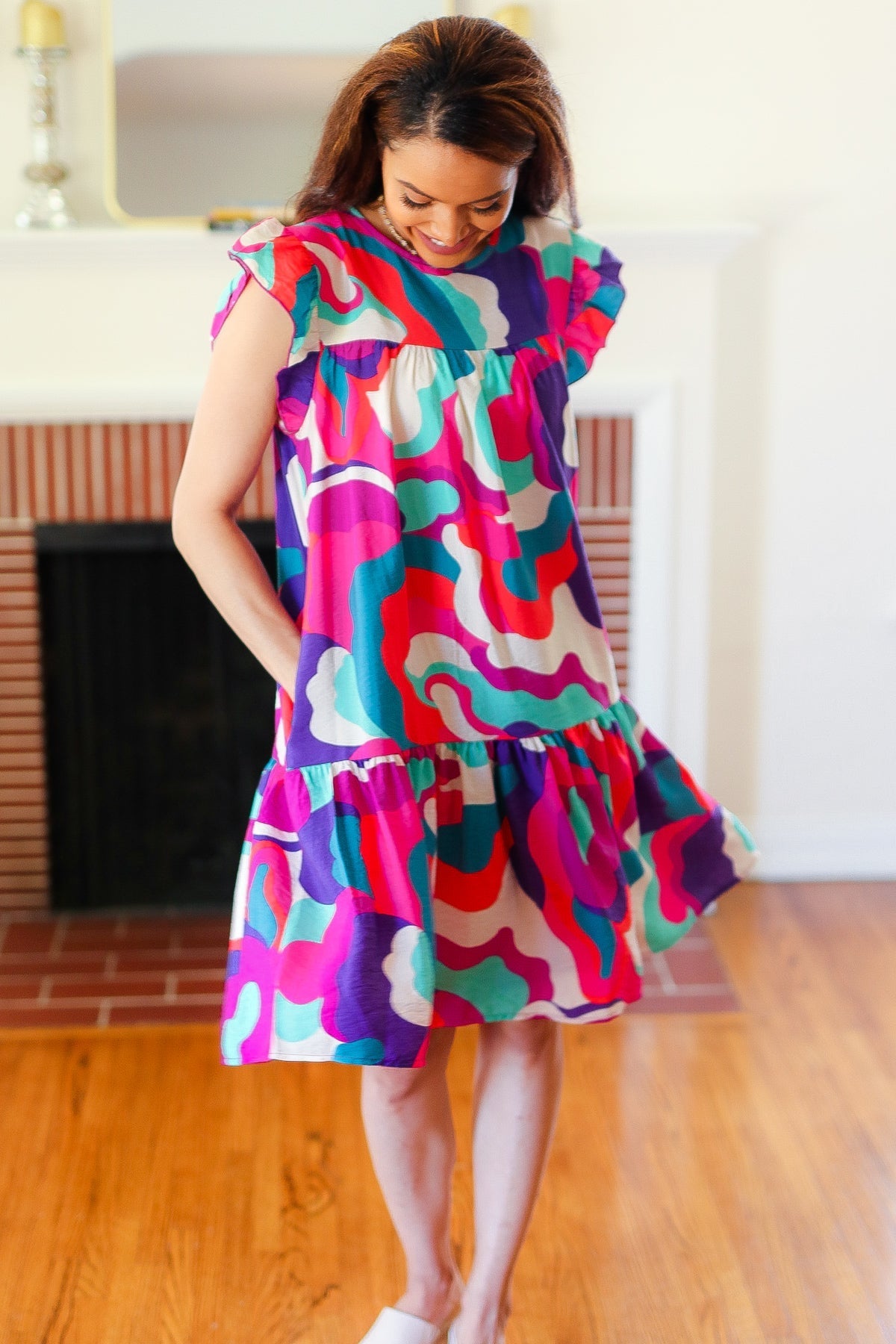 Go For Fun Fuchsia Geo Print Tiered Ruffle Sleeve Woven Dress for Women | Summer Casual Party Wear | Perfect for Beach Vacations, Date Nights & Outdoor Events