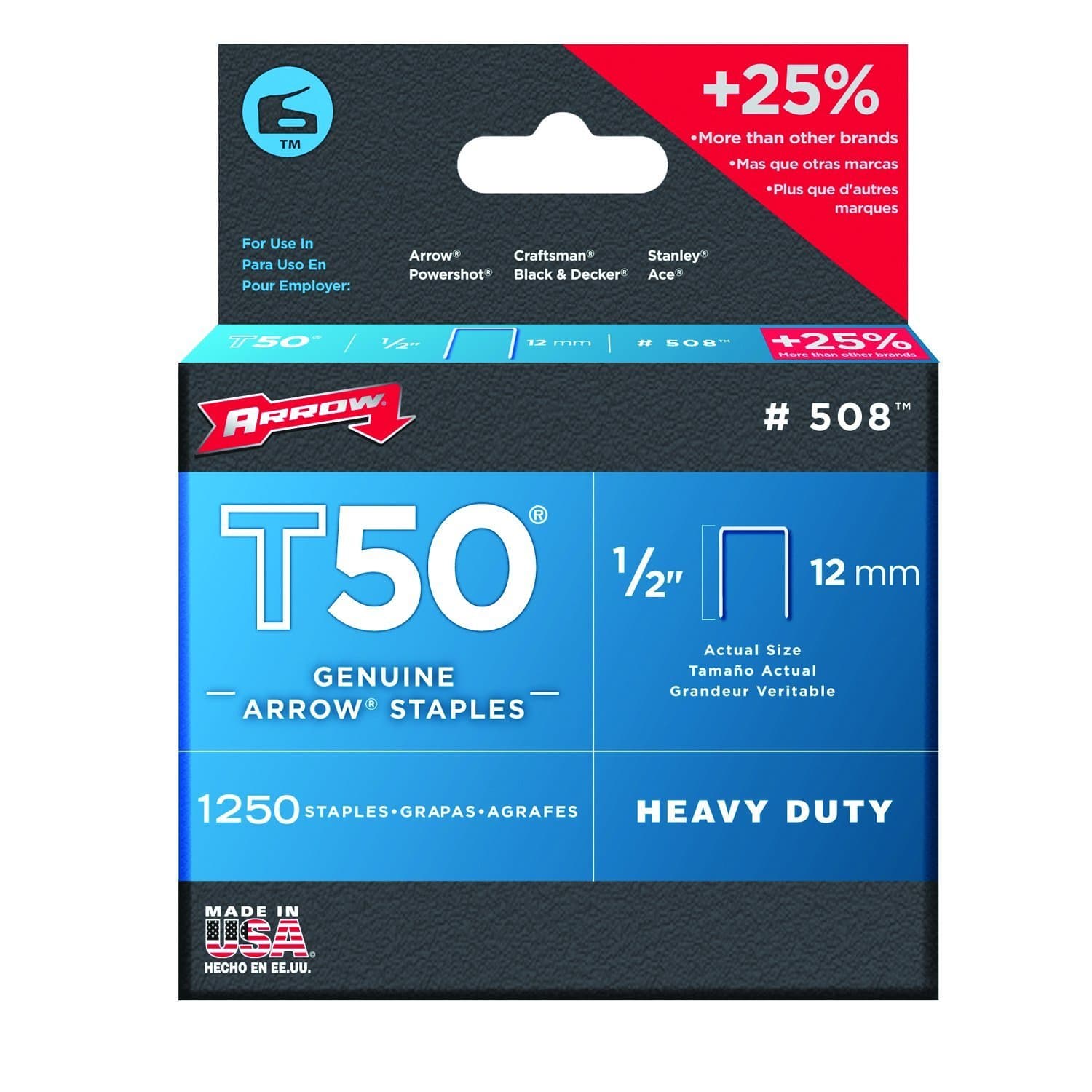 Arrow 50824 508 T50 1/2-Inch Heavy Duty Staples, 1250-Pack - Perfect for Upholstery, Carpentry, and DIY Home Projects