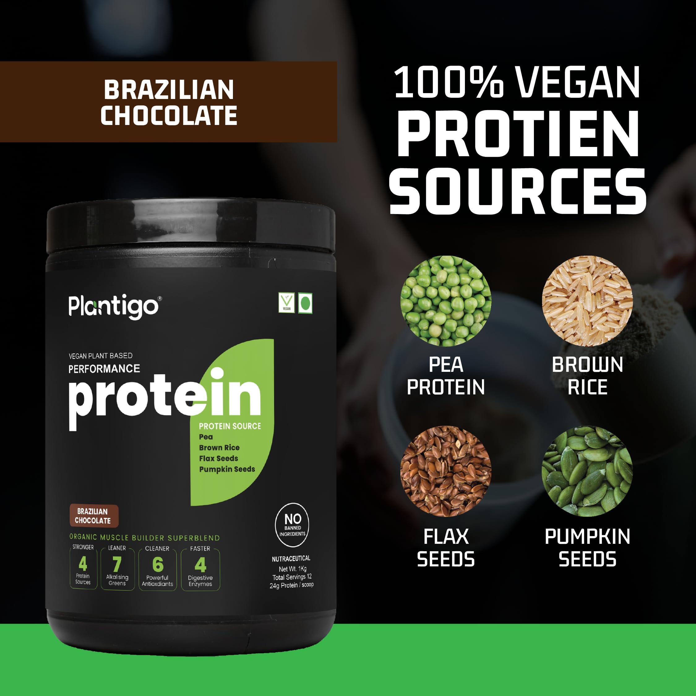 Plantigo Clean Plant Protein Powder - Vegan Protein Blend with Pea, Brown Rice, Flax & Pumpkin | 21 Superfoods, No Preservatives or Banned Substances | Brazilian Chocolate Flavor (1kg) for Men & Women - Perfect for Post-Workout Recovery, Smoothies & Healthy Meal Replacement