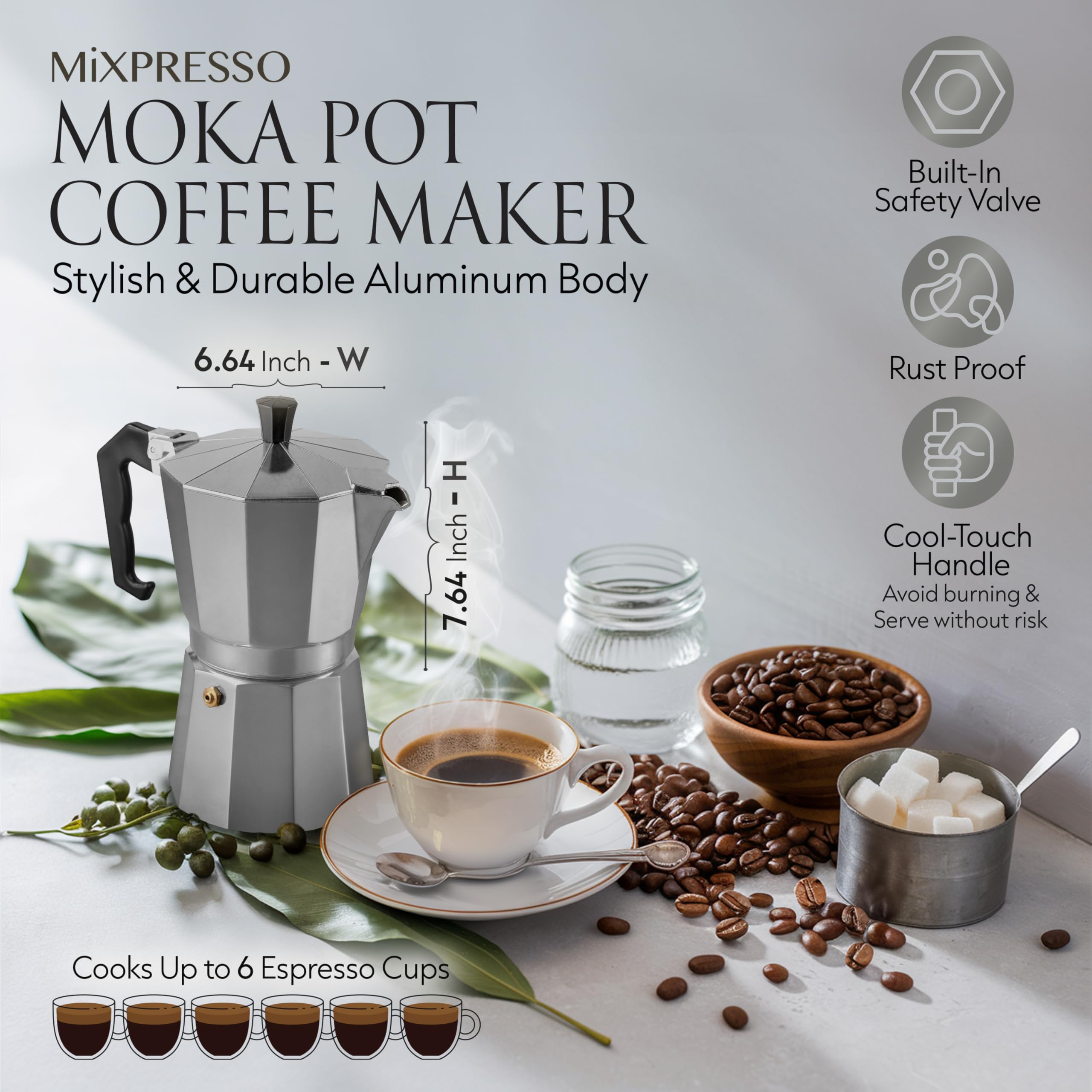 Mixpresso 6 Cup Moka Pot - Classic Italian Stovetop Espresso Maker for Gas & Electric Stoves - Perfect for Cuban Coffee, Camping & Home Brewing (10 Oz, Makes 6 Espresso Cups) - Ideal for Kitchen, Outdoor Adventures & Coffee Lovers