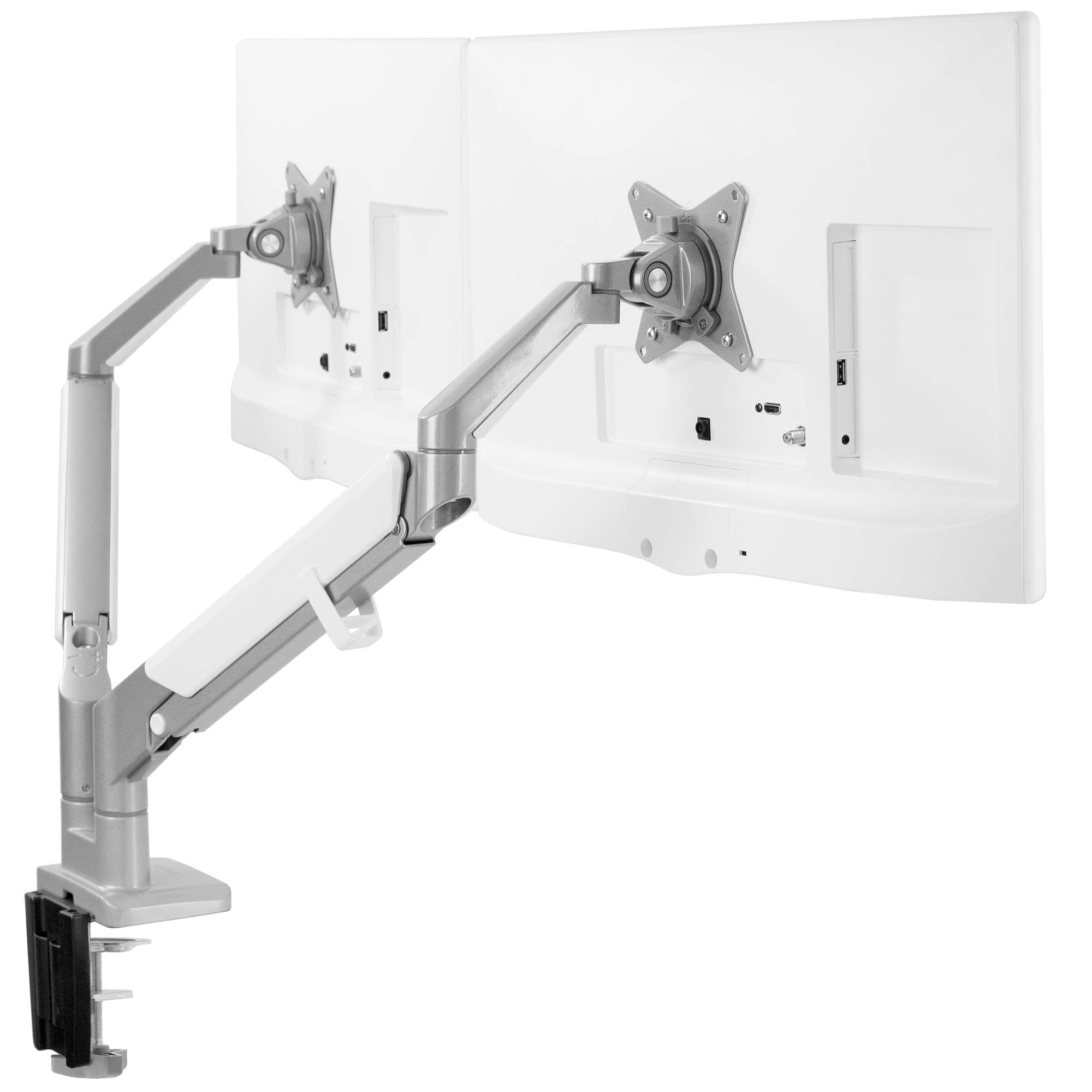 VIVO Dual Monitor Mount Stand for 17 to 32 Inch Screens - Space Saving Pneumatic Spring Arms with Aluminum Clamp-on Desk Mount, Max VESA 100x100 (Silver, STAND-V200A) - Perfect for Home Office, Gaming Setup & Workspace Organization
