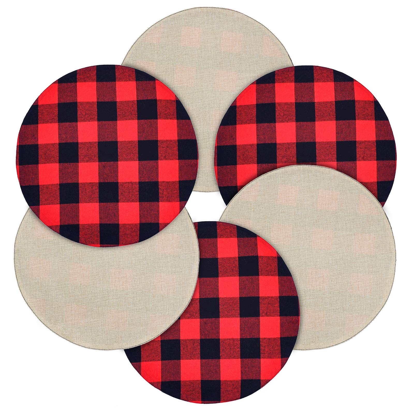 Senneny 6-Piece Round Placemats Set - Reversible Cotton Burlap Buffalo Plaid Placemats in Red & Black - Farmhouse Style Dining Table Mats for Round Tables - Perfect for Holiday Dinners, Rustic Weddings & Cozy Kitchen Decor