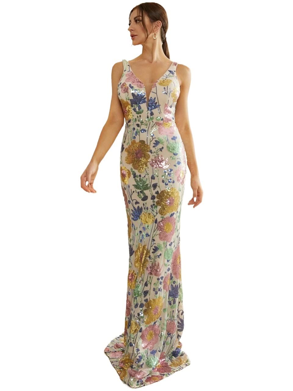 IFAJOOR Women's Floral Sequins Mesh Summer Dress - Elegant Contrast Prom & Casual Dress for Women, Small, Multicolor - Perfect for Parties, Weddings & Summer Outings