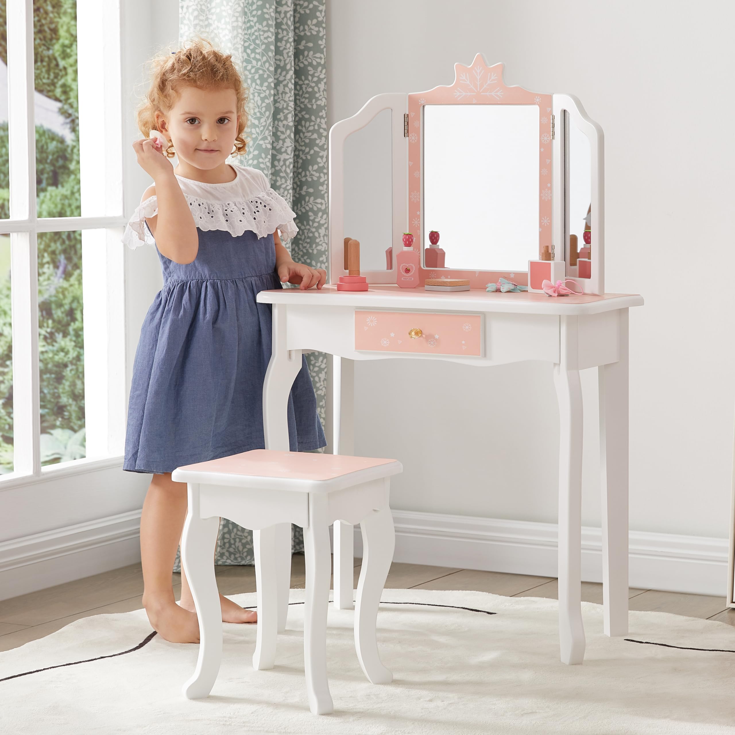 **Pink Kids Vanity Table & Stool Set for Girls Ages 3-8 - 2-in-1 Princess Makeup Dressing Table & Writing Desk with Detachable Tri-Folding Mirror & Drawer - Perfect for Playroom, Bedroom & Birthday Gifts**
