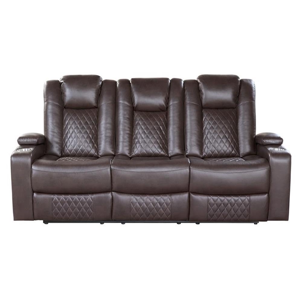 Lexicon Faux Leather Power Reclining Sofa with Power Headrests - Brown Leather Living Room Couch for Home Theater & Family Movie Nights