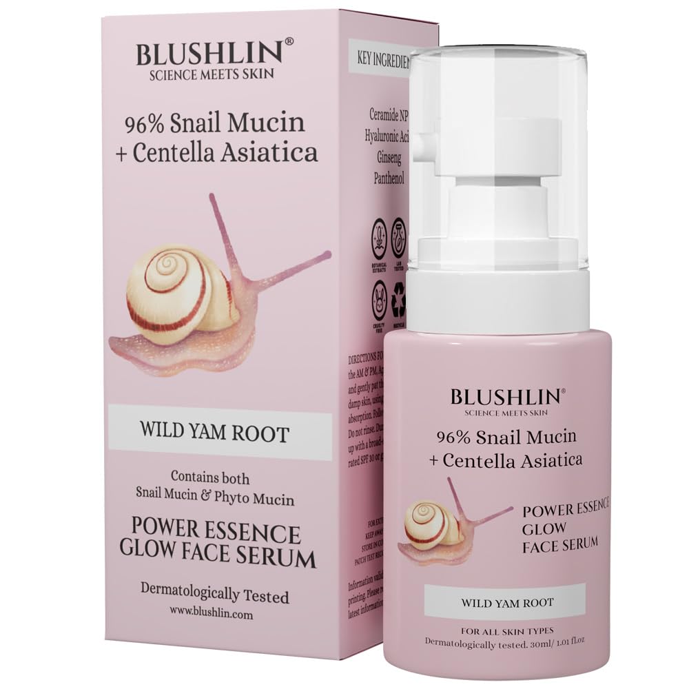 BLUSHLIN 96% Snail Mucin Power Essence - Anti-Aging, Hydrating & Brightening Facial Serum with Hyaluronic Acid & Ginseng for Dry & Oily Skin - Men & Women (30ml) | Perfect for Daily Skincare Routine, Night Care & Glowing Complexion