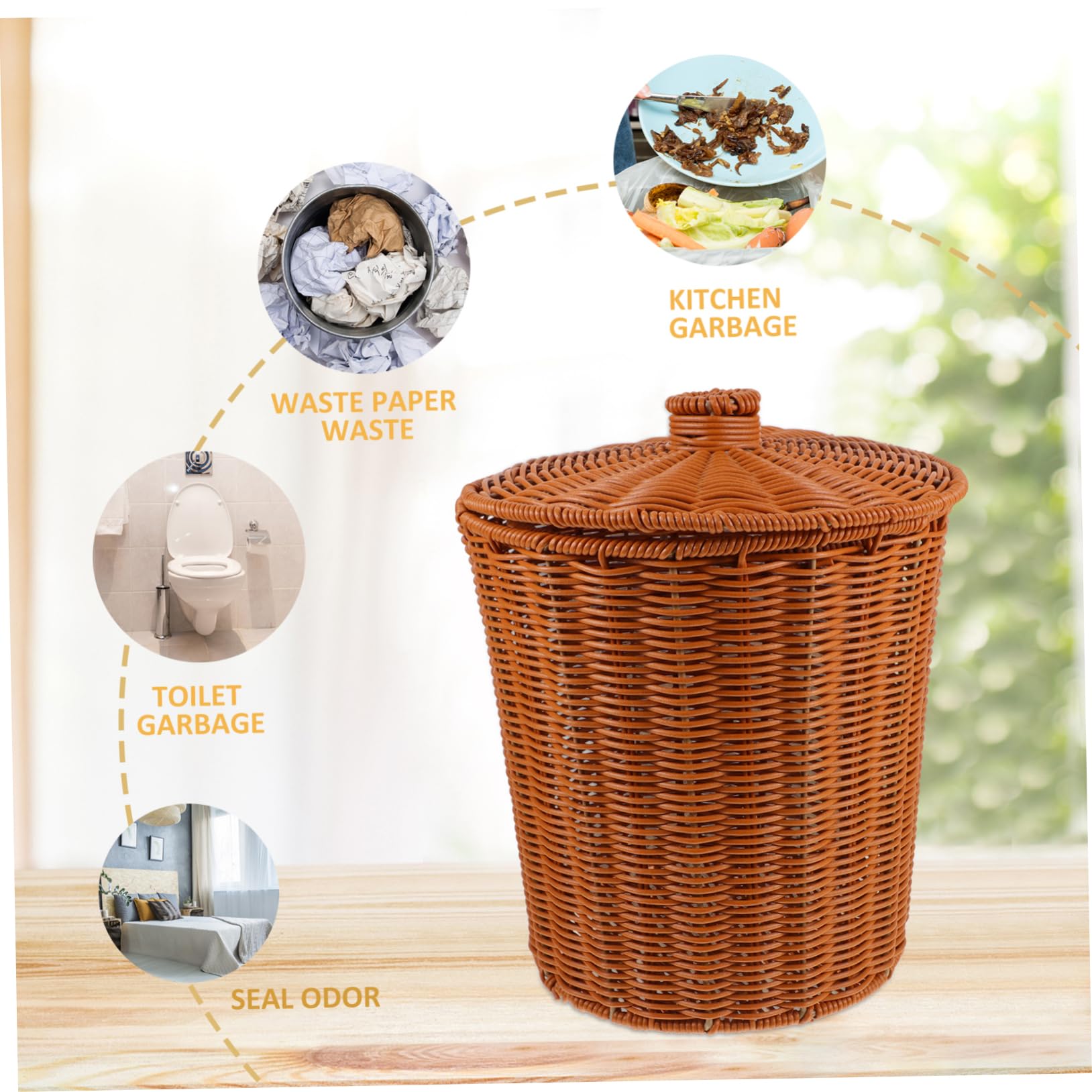Tofficu Plastic Woven Waste Basket with Lid - Stylish Laundry Hamper, Paper Waste Bin & Storage Container for Home, Office, Desktop | Perfect for Bedroom, Bathroom & Kitchen Organization