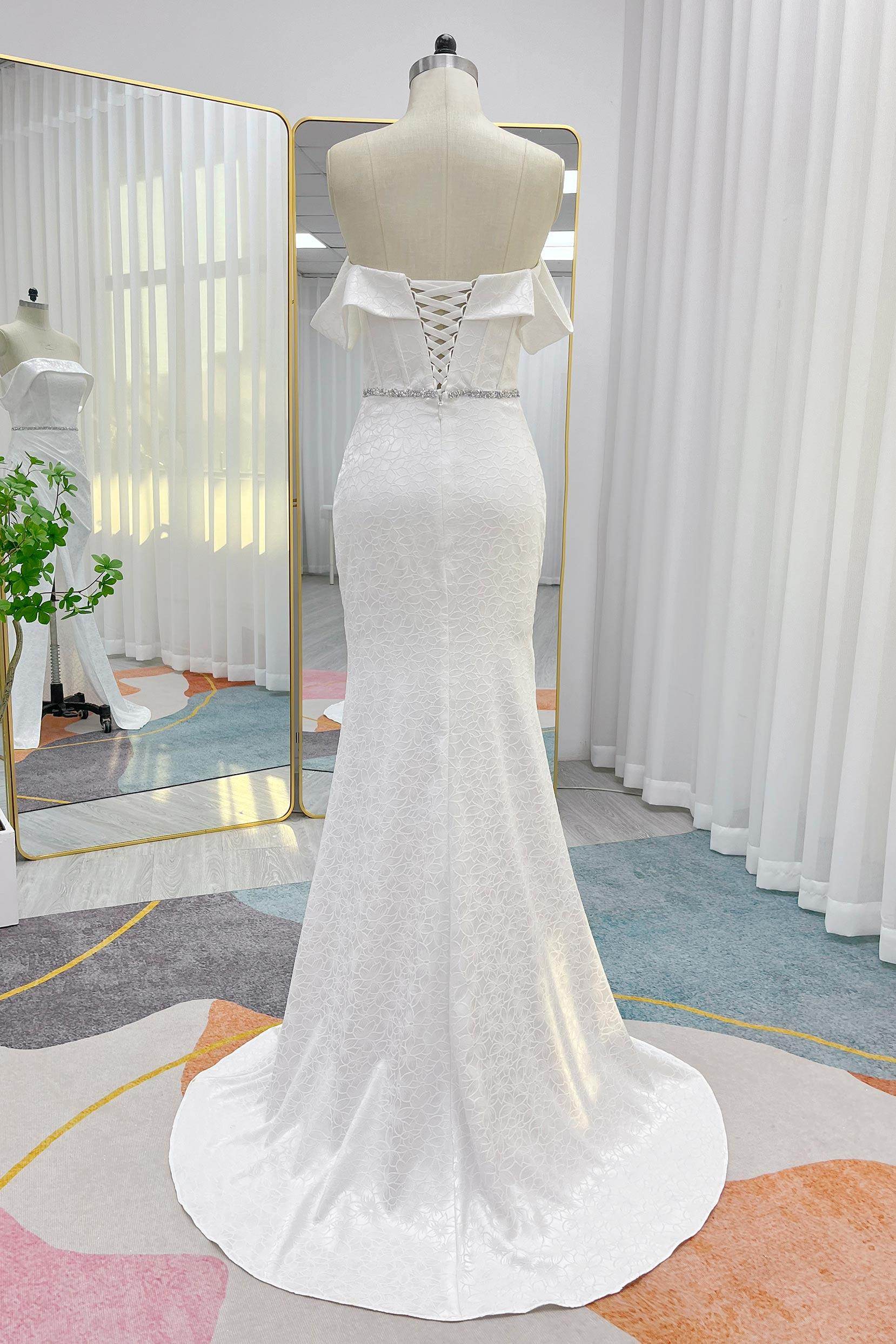 Elegant Mermaid Sweep Brush Train Jacquard Satin Wedding Dress CW3283 - Perfect for Beach, Church, and Ballroom Weddings