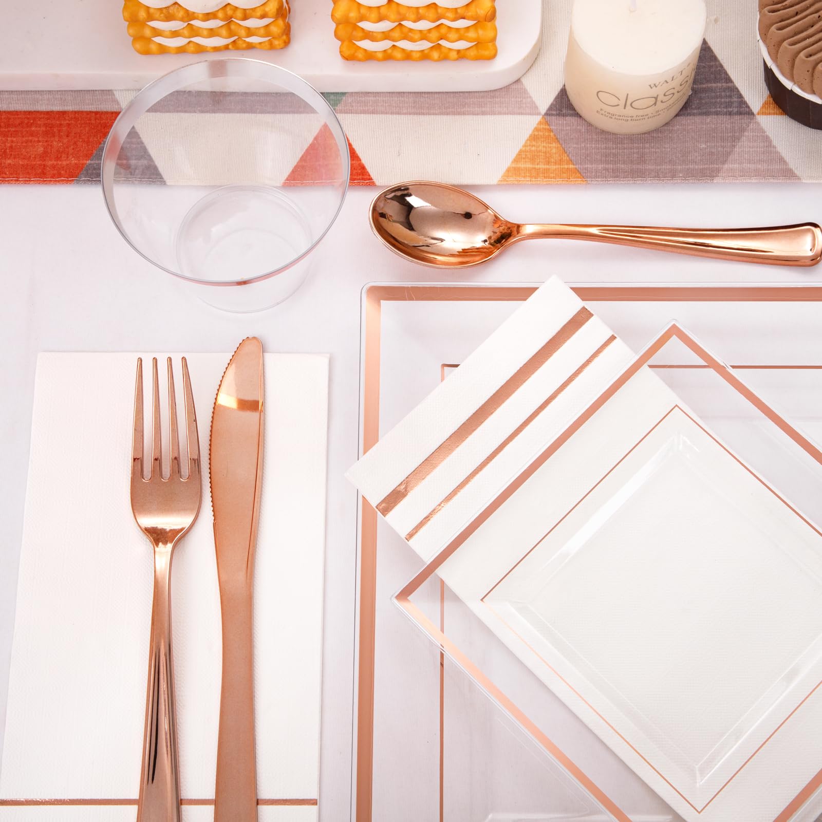 350-Piece Rose Gold Plastic Dinnerware Set - Disposable Plates, Cups, Cutlery & Napkins for 50 Guests | Elegant Party, Wedding & Event Tableware | Perfect for Bridal Showers, Birthday Parties & Catering Events