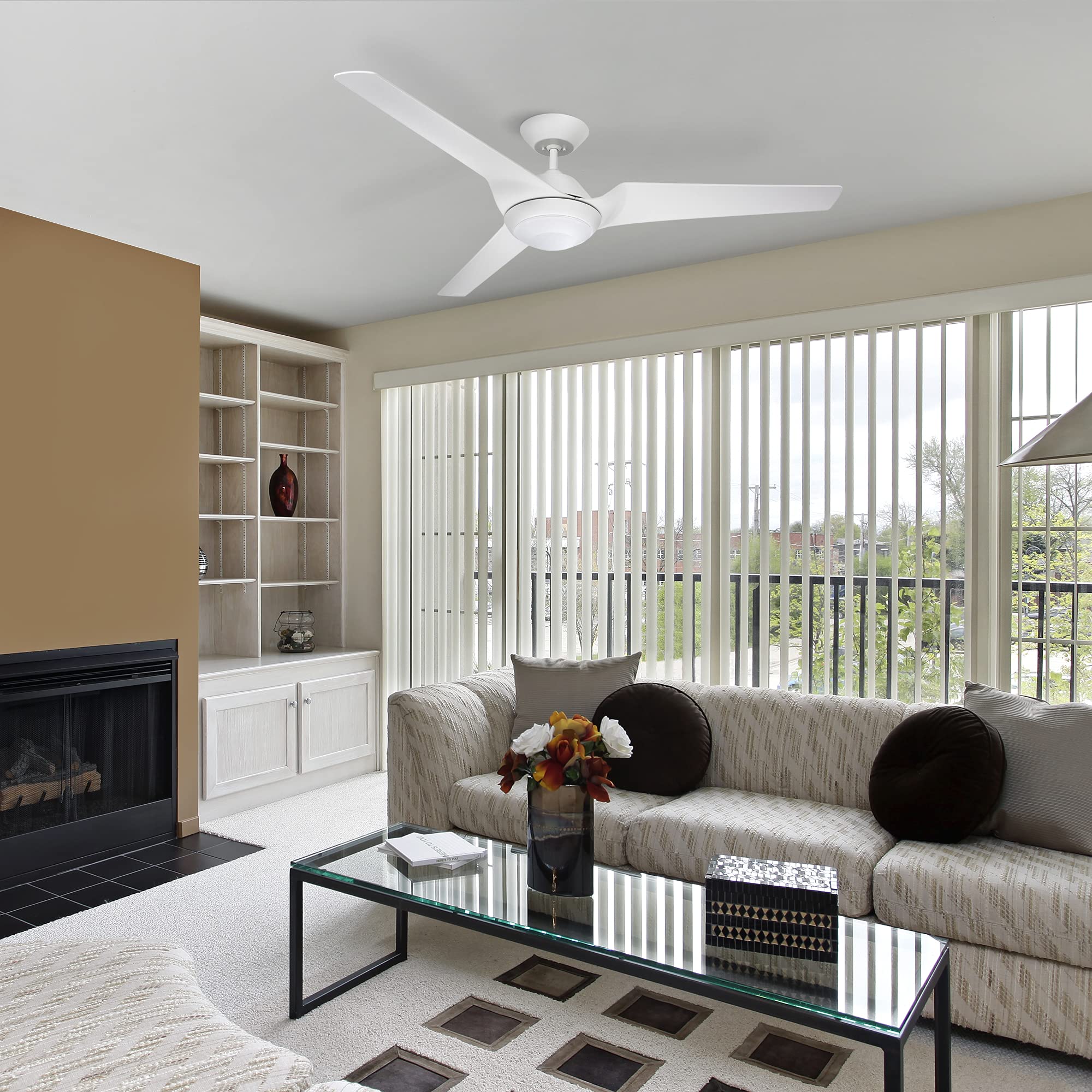 60 Inch Large Ceiling Fan with Light and Wall Control - Dimmable LED Fixture, 6 Speed DC Motor - Modern 3 Blade Design for Bedroom, Living Room - Includes Downrod for Overhead Hanging, White - Perfect for Home Cooling and Energy Savings