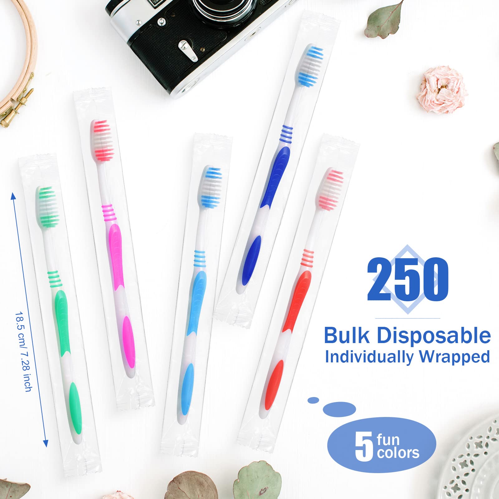 Honeydak 250 Pack Individually Wrapped Disposable Toothbrushes - Soft Bristles, Rubber Handle, Multi-Color Adult Toothbrushes for Travel, Hotels, Parties & Emergency Kits
