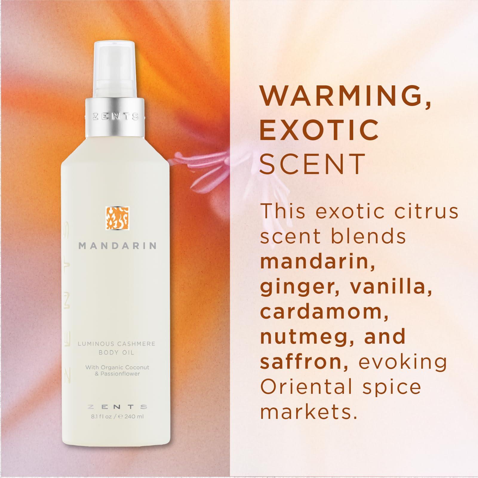 Zents Luminous Cashmere Body Oil - Mandarin Scented Travel Size (1 fl oz) | Vitamin E & Organic Coconut Oil Moisturizer for Soft, Smooth Skin | TSA Approved | Perfect for On-the-Go Hydration & Spa-Like Self Care