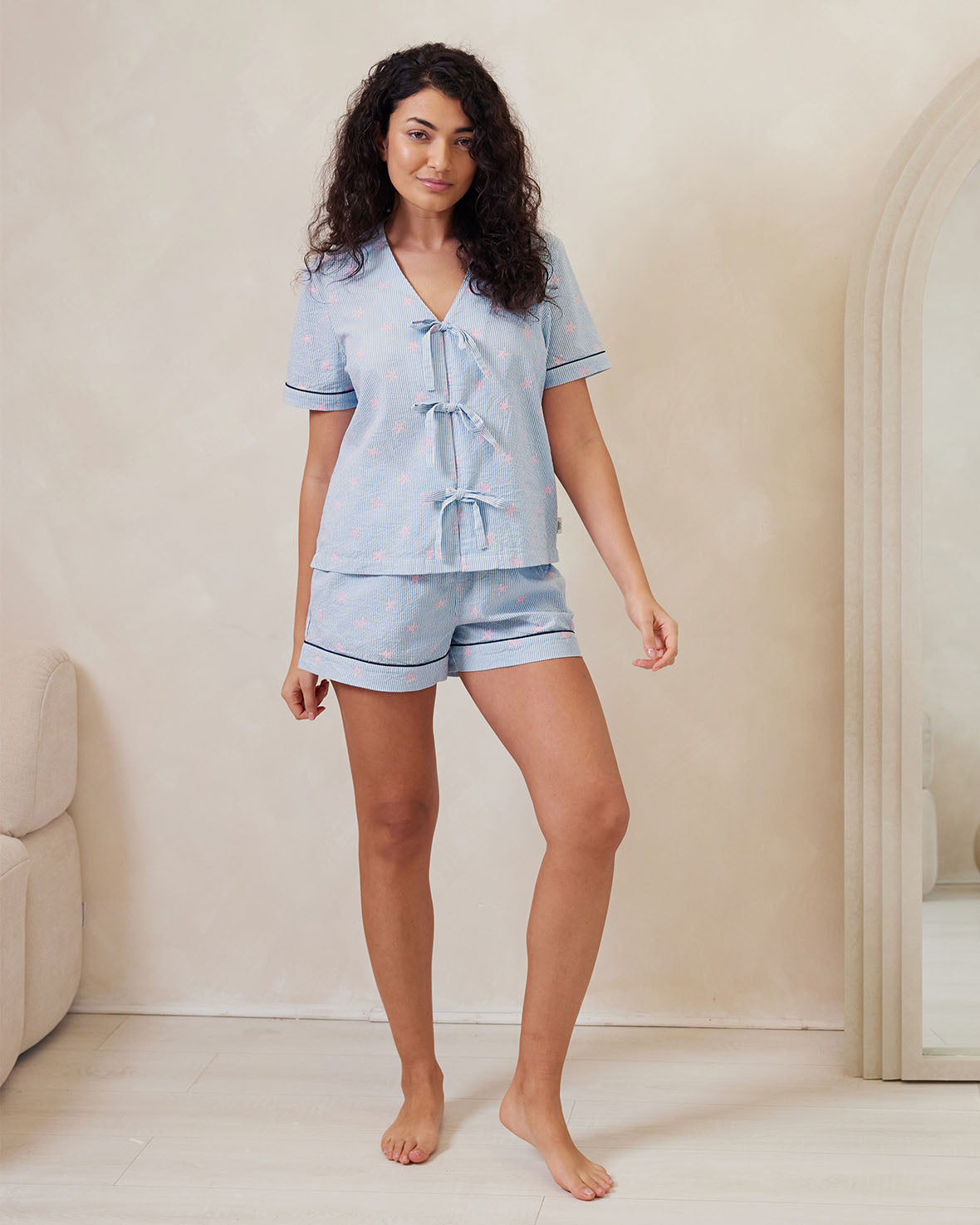 Seersucker Cotton Starfish Stripe Print Short Pajama Set for Women - Summer Sleepwear & Lounge Wear - Comfortable Nightwear for Hot Weather