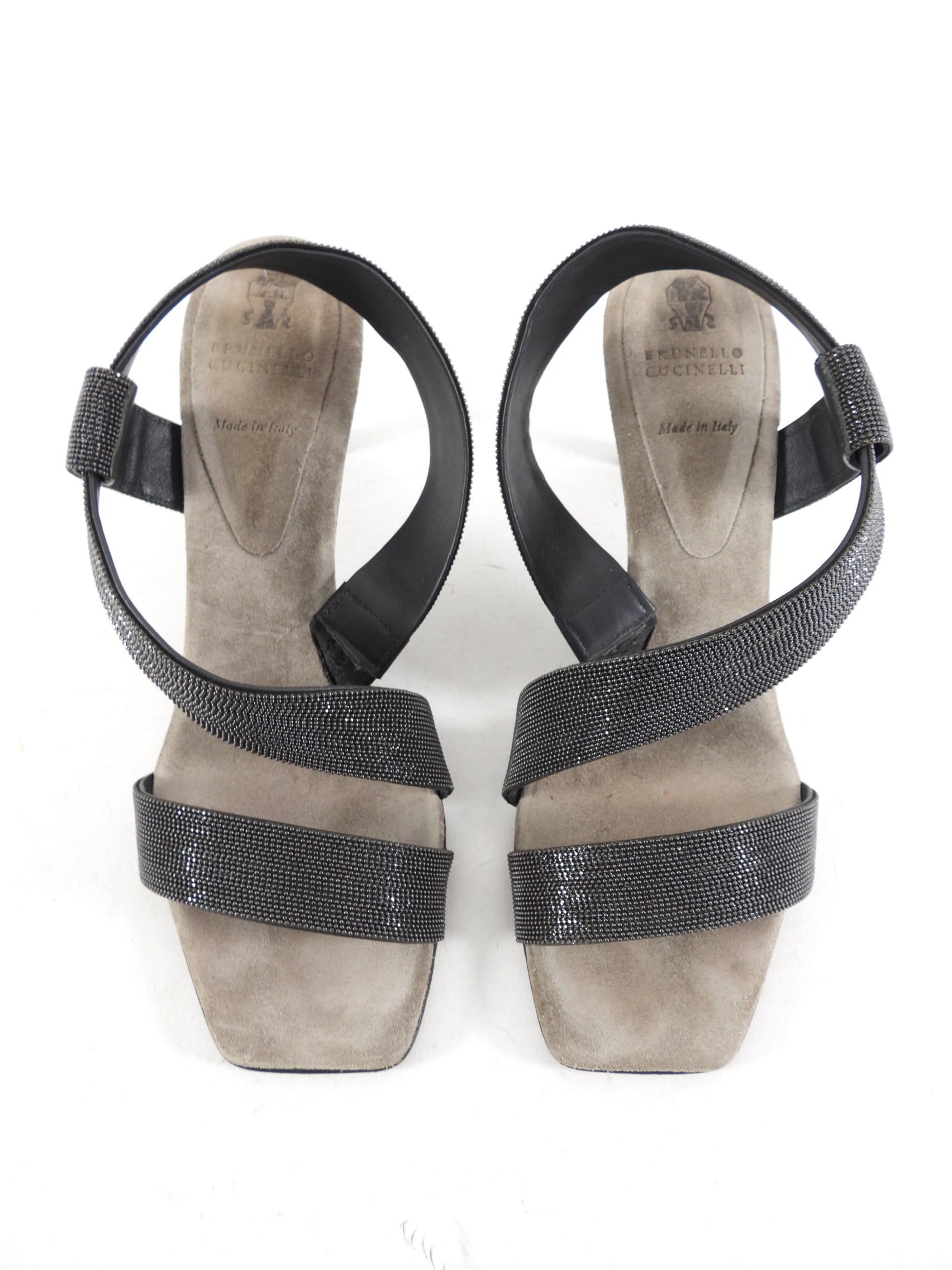 Brunello Cucinelli Grey Monili Bead Heel Sandals for Women - Elegant Beaded Summer Dress Sandals for Weddings & Evening Events