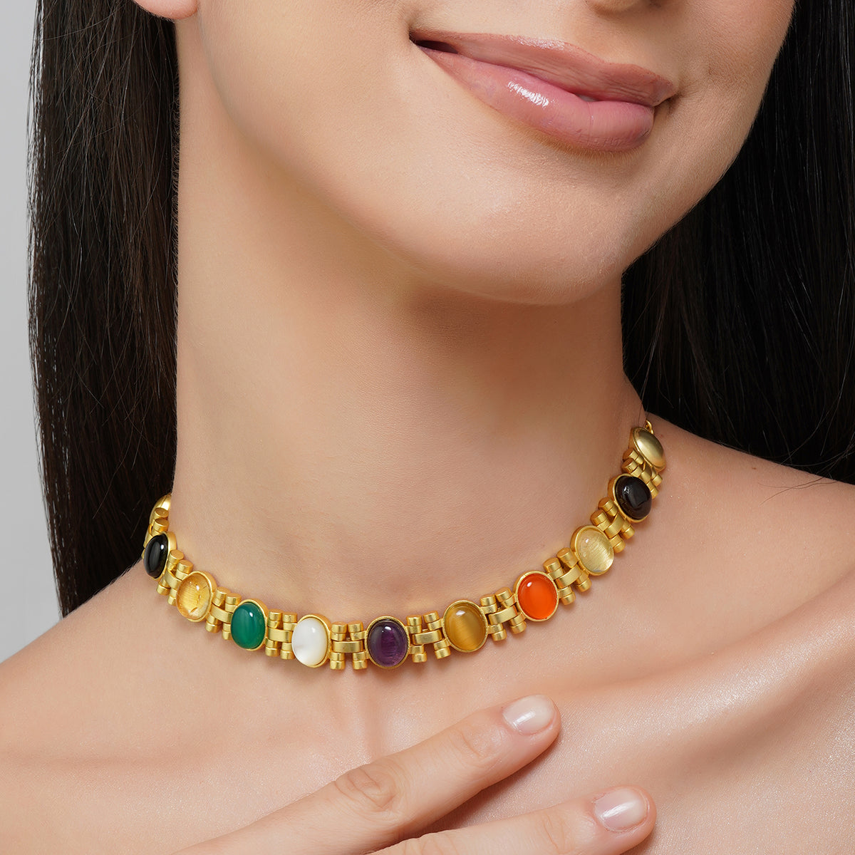 Navratna Choker Necklace with 9 Gemstones - Power Moves Spiritual Jewelry for Women | Perfect for Meditation, Yoga & Festive Occasions