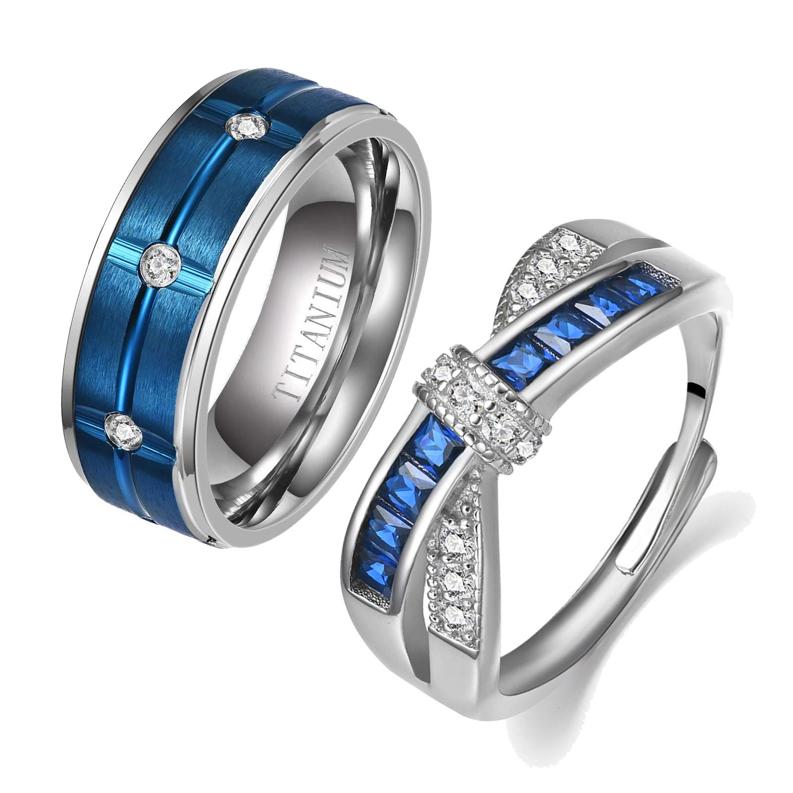 Adjustable Wedding Ring Sets for Couples - His & Hers 925 Sterling Silver & Titanium Square CZ Promise Bands - Perfect for Engagements, Anniversaries, and Romantic Gifts