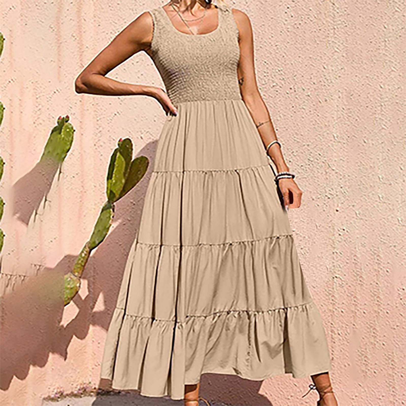 hlysgo Women's Summer Casual Sleeveless Maxi Dress - Smocked High Waist Flowy Tiered Midi Dress for Wedding Guest, Beach Vacation & Outdoor Parties | Lightweight Breathable Fabric