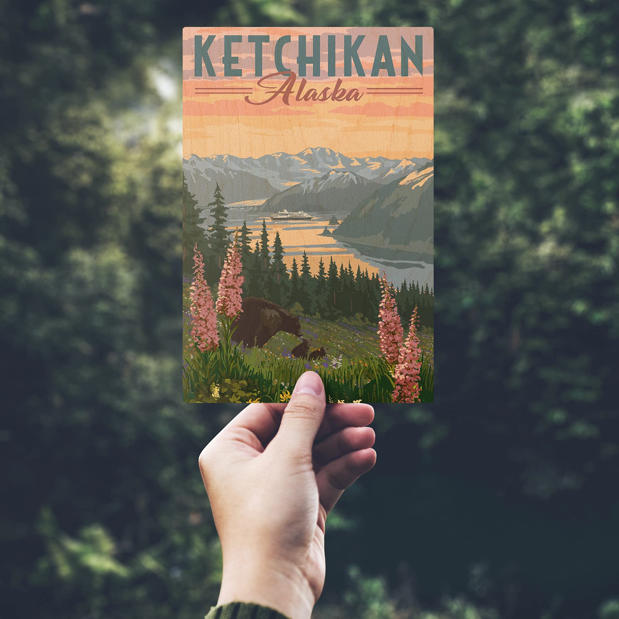 Alaska Inside Passage Scenic Postcards - 2-Pack Birch Wood Postcards Featuring Ketchikan Bears & Spring Flowers (4x6 Rustic Home Decor, Stationery for Travel Enthusiasts) - Perfect for Wall Decor, Travel Souvenirs & Handwritten Notes