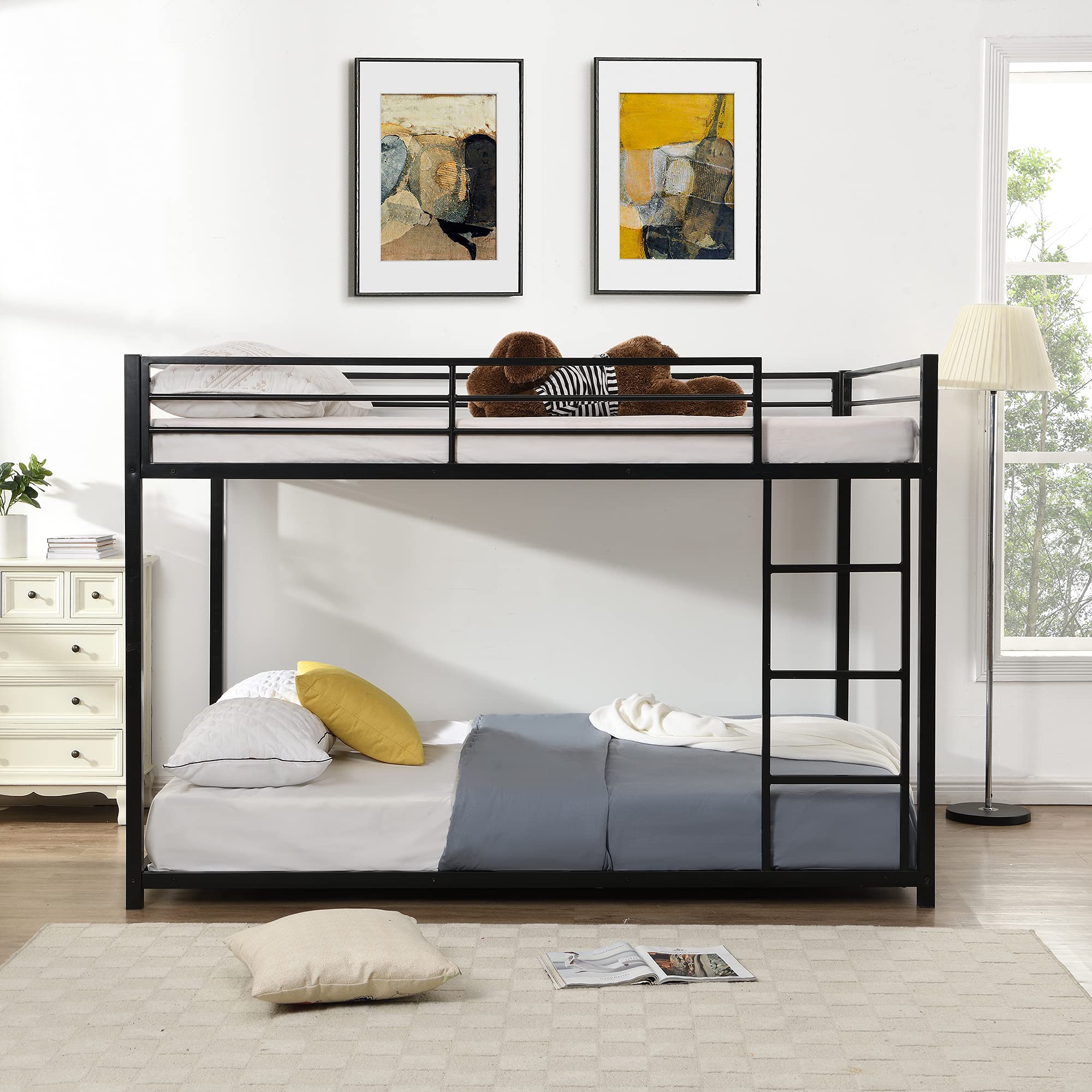 Full Over Full Metal Bunk Bed - Heavy Duty Low Profile Bunk Bed Frame with Safety Guard Rails & Flat Ladder for Kids, Teens, Adults (Black) | Perfect for Small Rooms, Dorms, Guest Rooms & Space-Saving Solutions