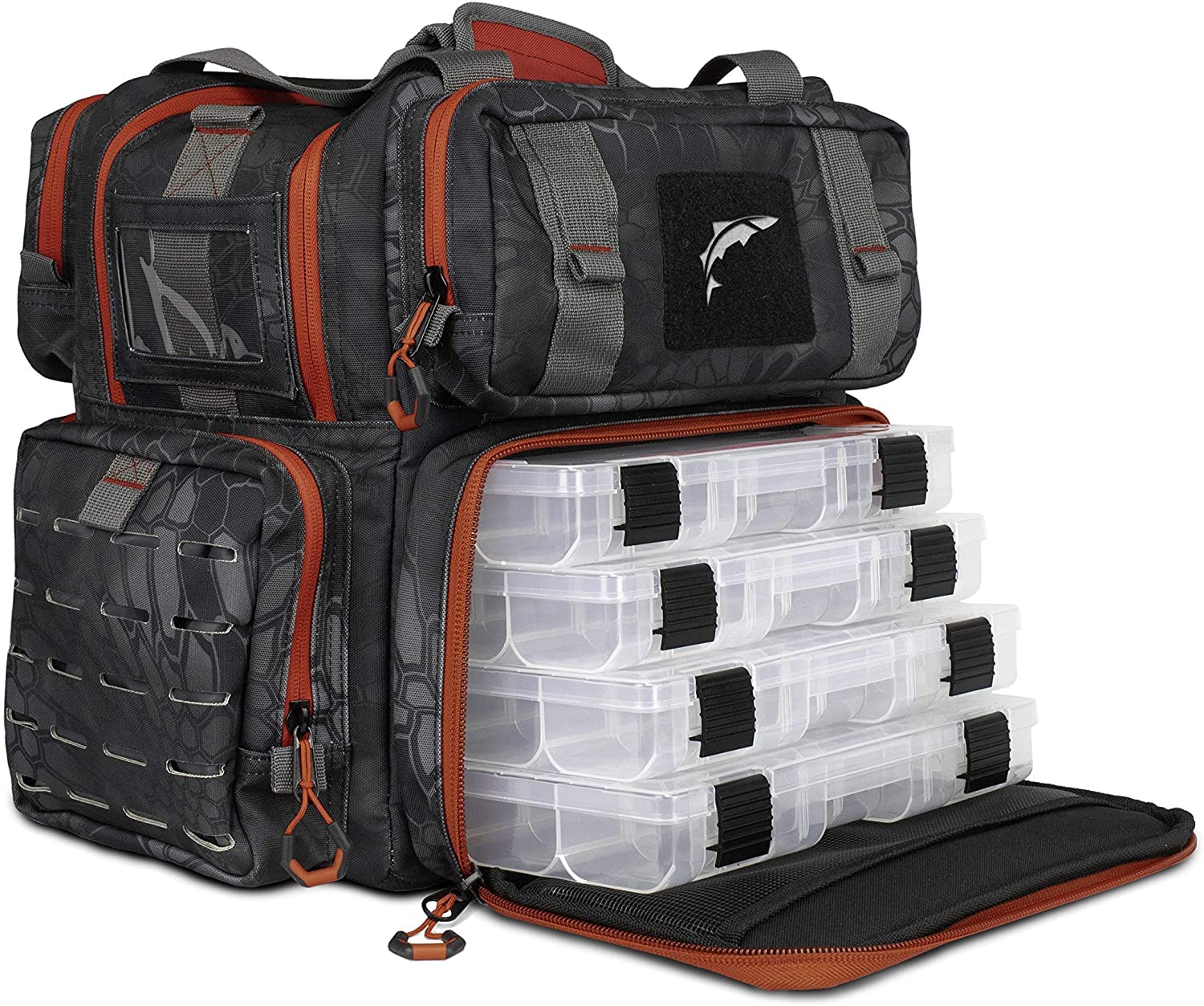 EGO Kryptek Tactical Fishing Backpack - Waterproof 1000D Nylon Tackle Box with PVC Back, Multiple Storage Pockets & Laser-Cut MOLLE Loops - Includes 4 Tackle Trays - Perfect for Bass Fishing, Kayak Fishing & Outdoor Adventures