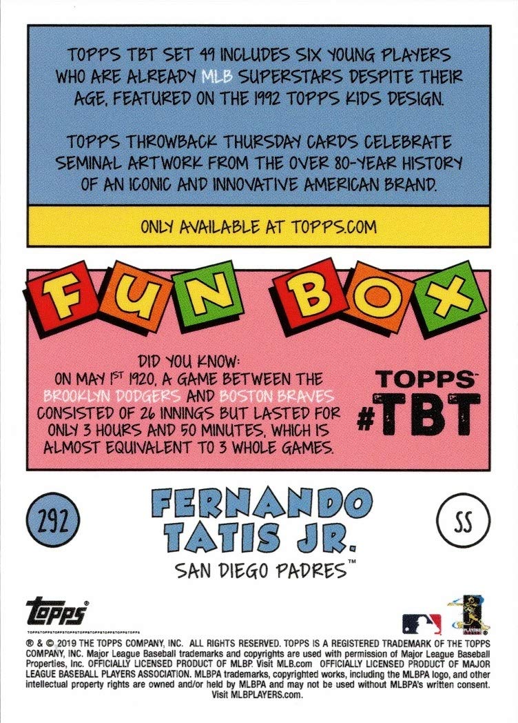 2019 Topps Throwback Thursday (TBT) Baseball #292 Fernando Tatis Jr. Rookie Card - Limited Edition of 347 - Rare Collectible for Baseball Fans & Card Investors - Perfect for Display, Trading, and Memorabilia Collections