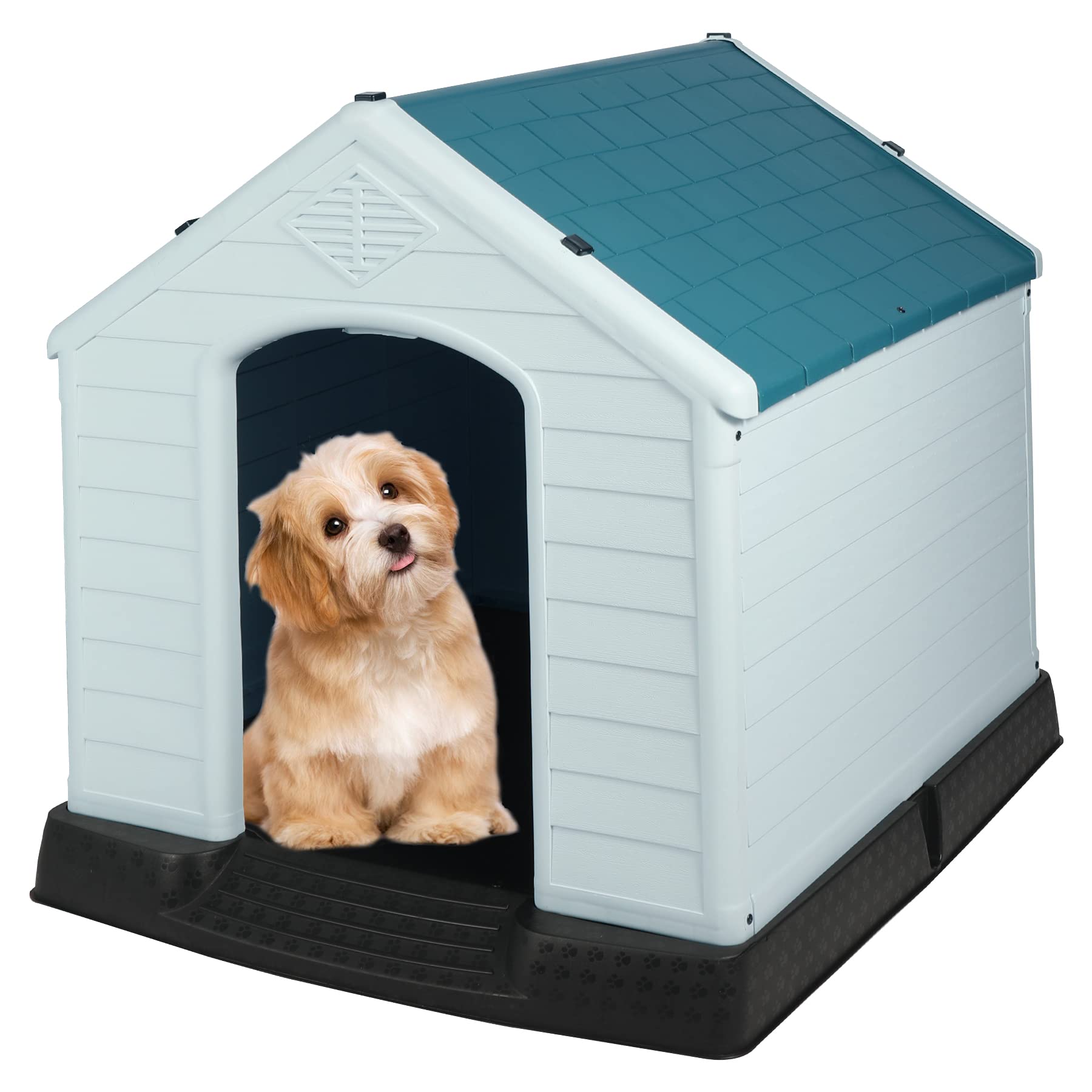 **Domaker Insulated Plastic Dog House for Large Dogs - Weatherproof Outdoor & Indoor Pet Kennel with Air Vents & Waterproof Base - Easy to Assemble Blue Doghouse - Perfect for Backyard, Patio, or Garage Use**